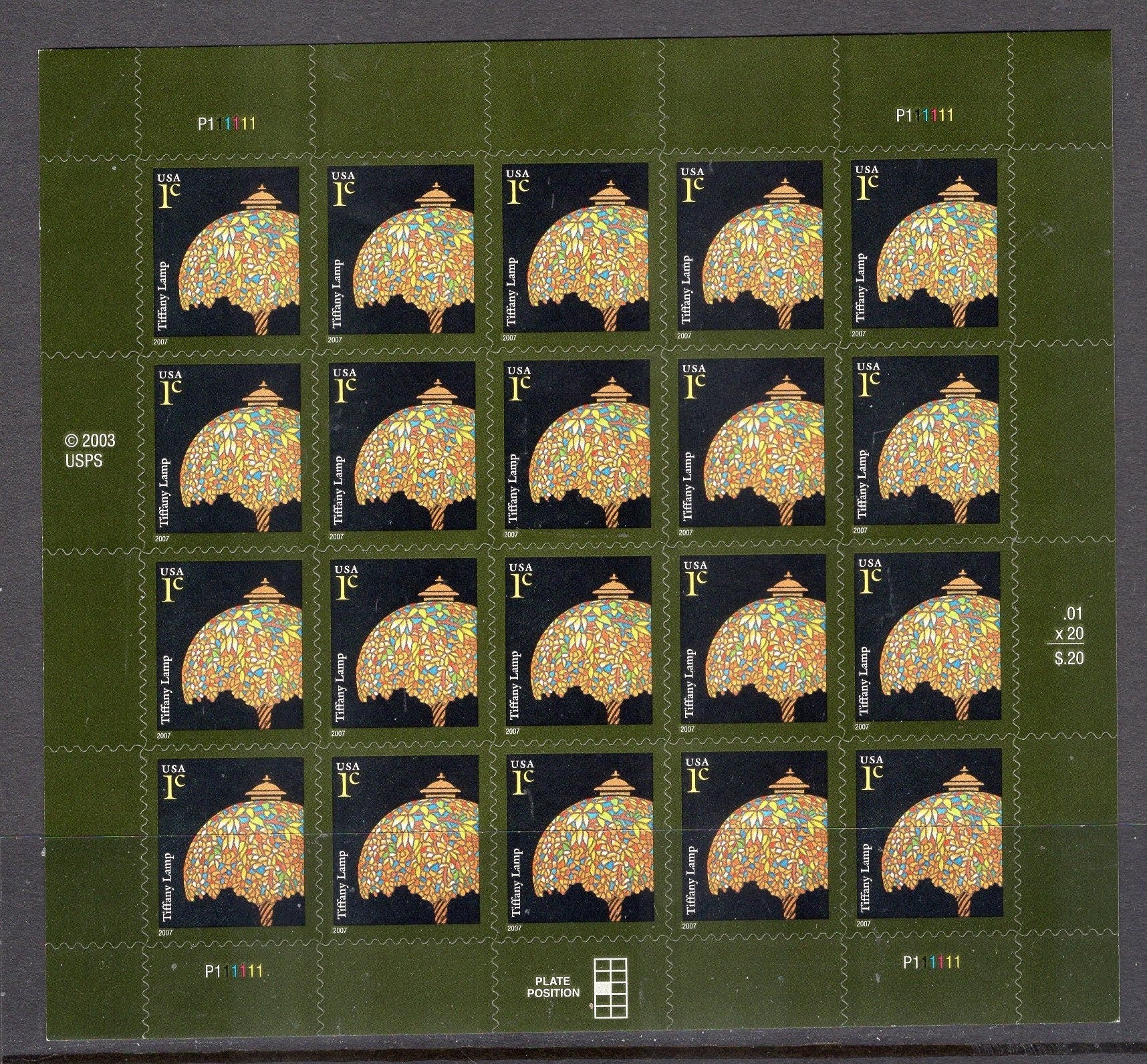 100 TIFFANY LAMP 1c - 5 Sheets of 20 - Self-adhesive