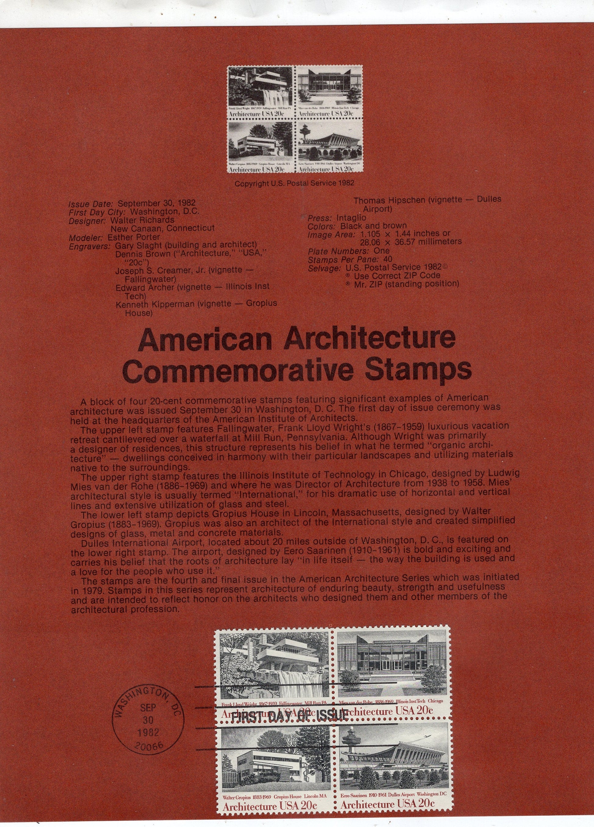 FRANK Lloyd WRIGHT FALLINGWATER Souvenir Page w/Block of 4 Cancelled on First Day Saarinen of Issue Gropius