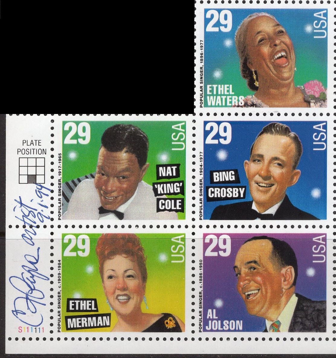 Singers Nat "KING" Cole - Bing Crosby plus SIGNED Artist CF Payne - Ethel Waters - Ethel Merman - Al Jolson