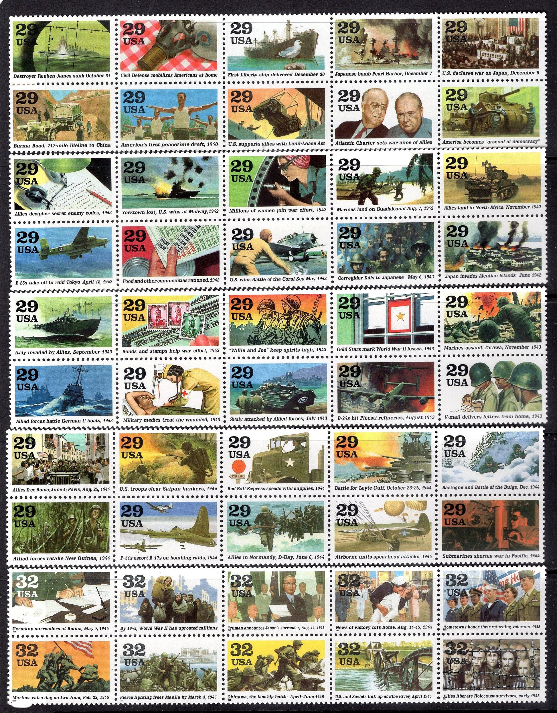 50 WORLD WAR II 2 Complete 5 Blocks of 10 or 10 Strips of 5