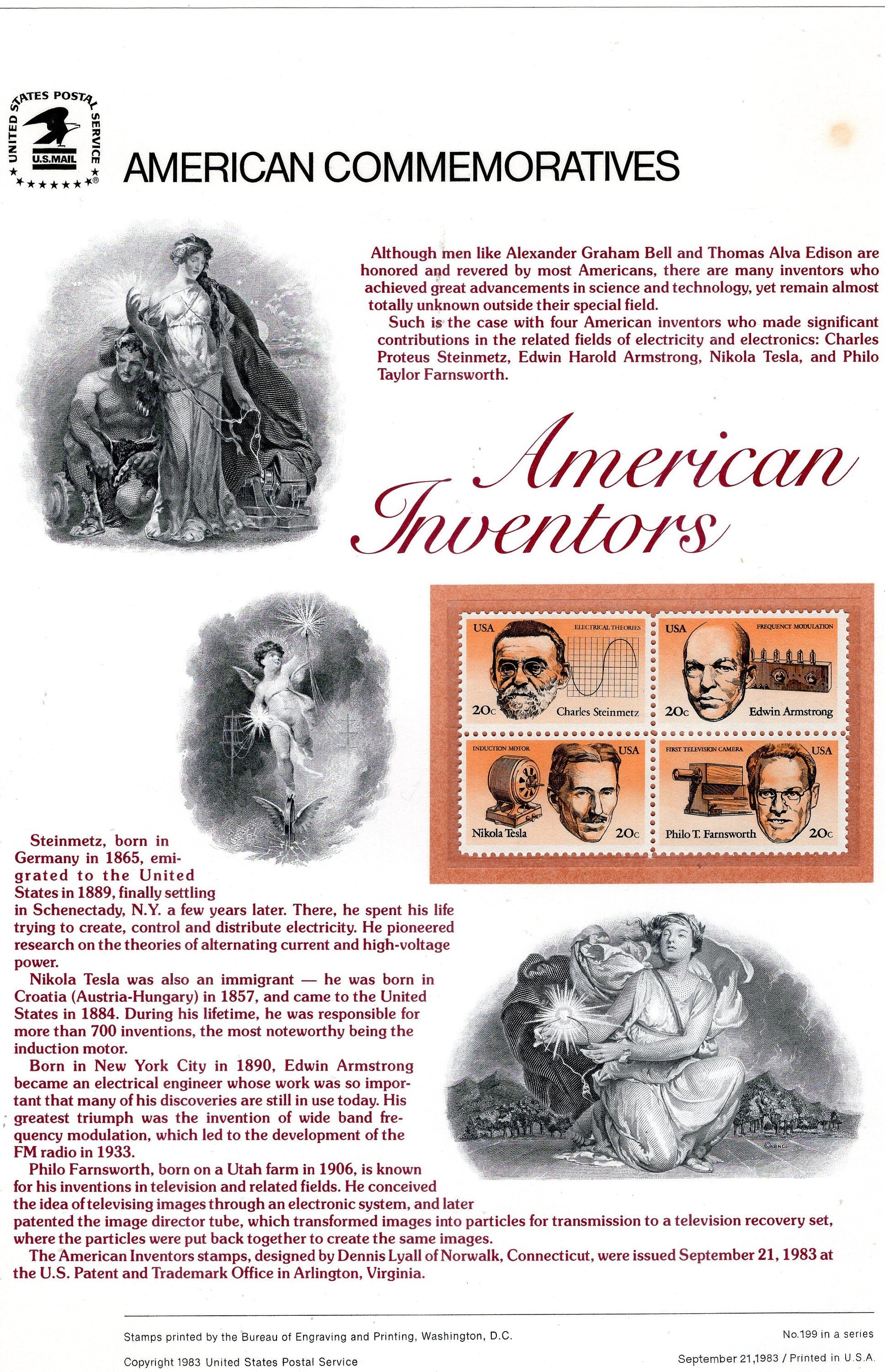 INVENTORS - TESLA motors Steinmetz Electricity Armstrong Farnsworth Commemorative Panel - small dot at upper right
