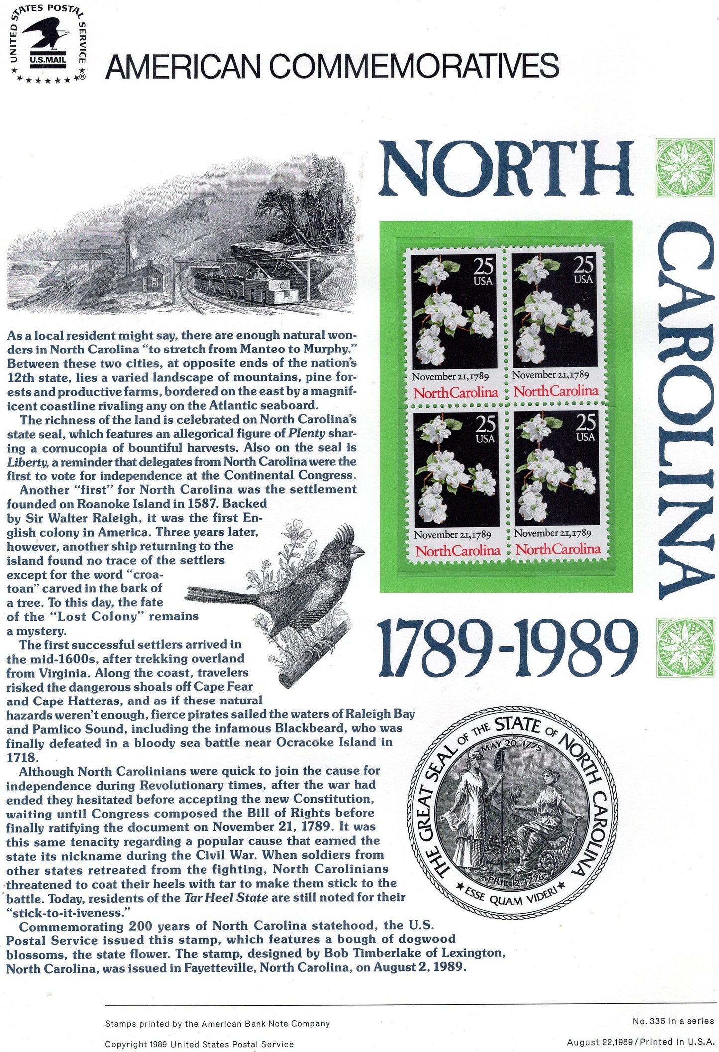 NORTH CAROLINA DOGWOOD Blossoms Constitution Ratification Commemorative Panel w/ 4