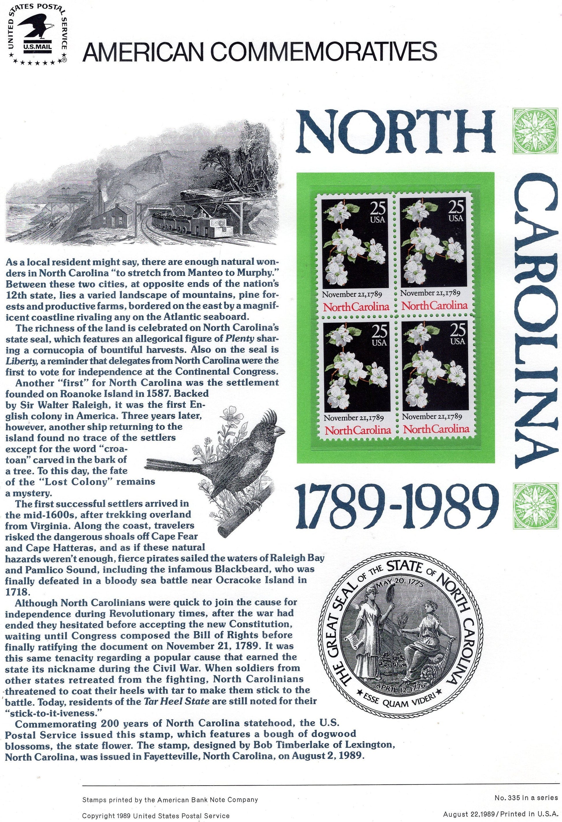 NORTH CAROLINA DOGWOOD Blossoms Constitution Ratification Commemorative Panel w/ 4