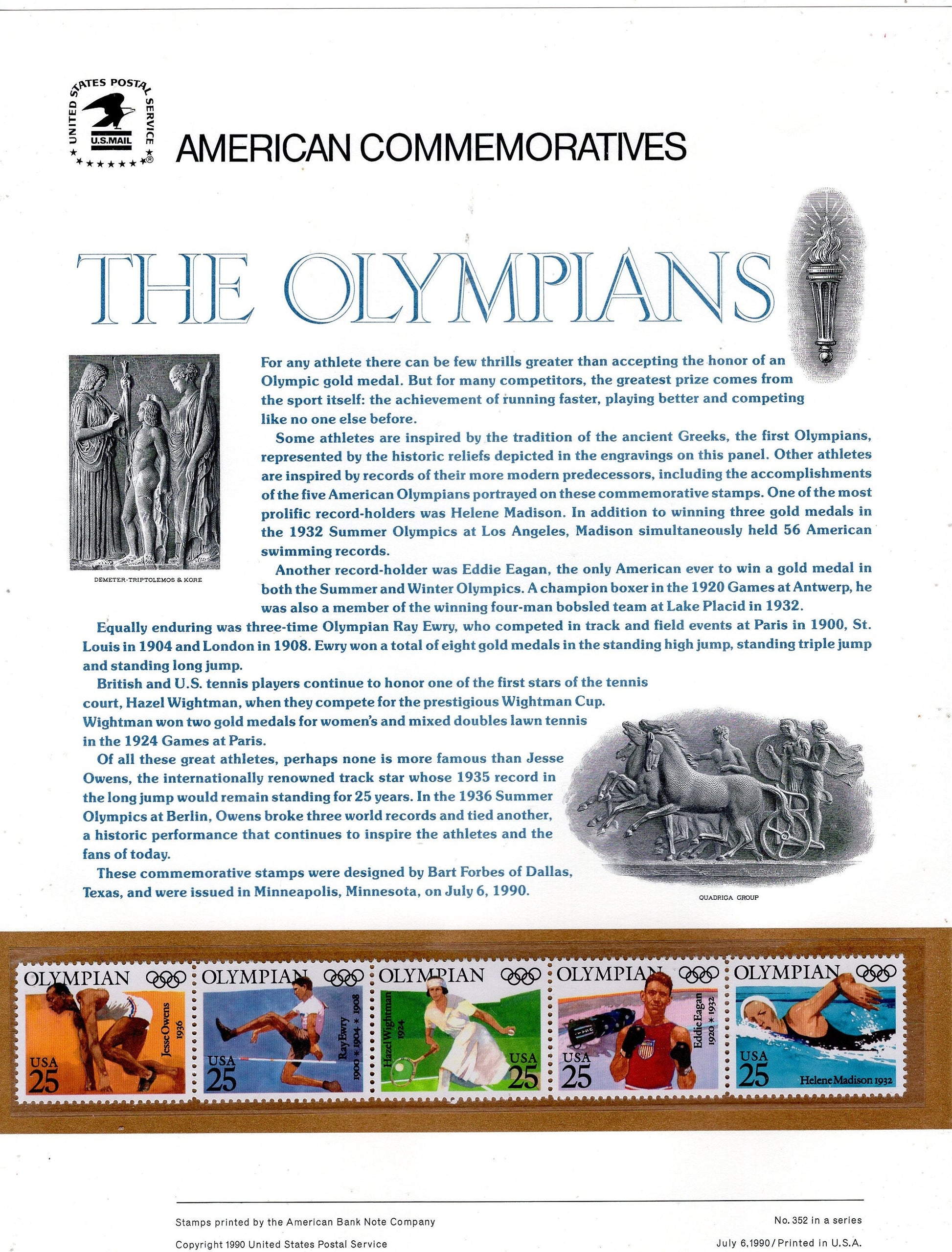 TENNIS WIGHTMAN OWENS Track 1924 Olympians Commemorative Panel w/5 Black American