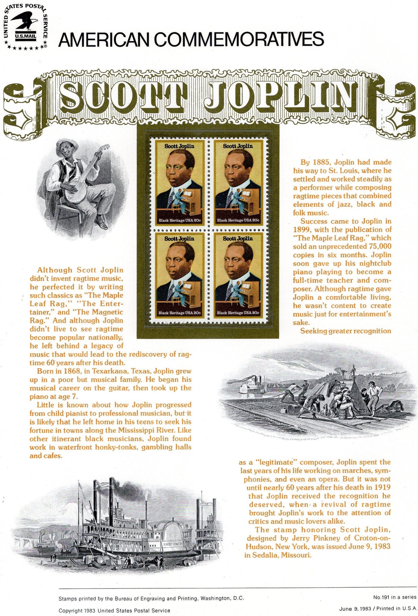 JOPLIN - RAGTIME Music Commemorative Panel with Block of 4