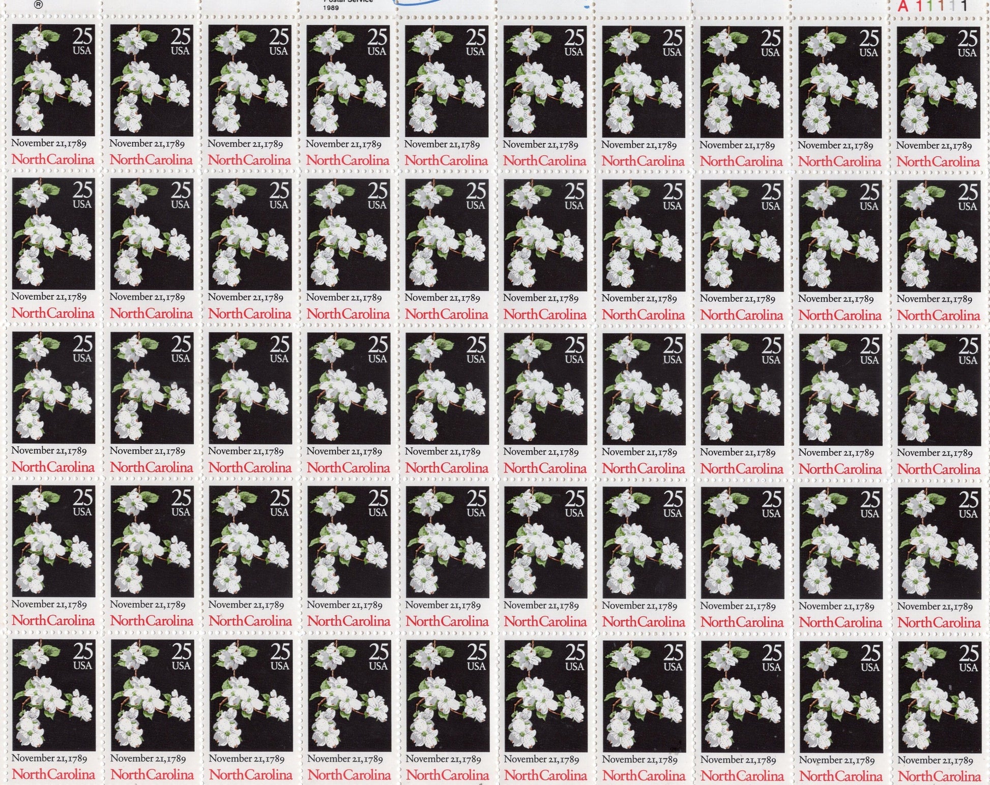 NORTH CAROLINA DOGWOOD White Blossoms Constitution Ratification Sheet of 50 in Sheet .