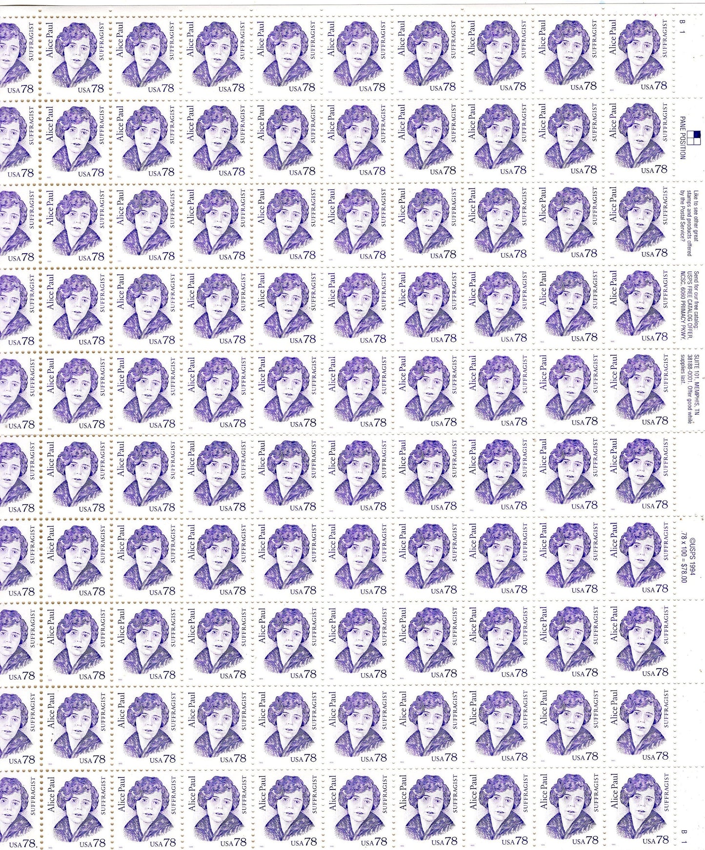 ALICE PAUL Full SHEET of 100 - Suffragist Suffragette 19th Amendment Vote