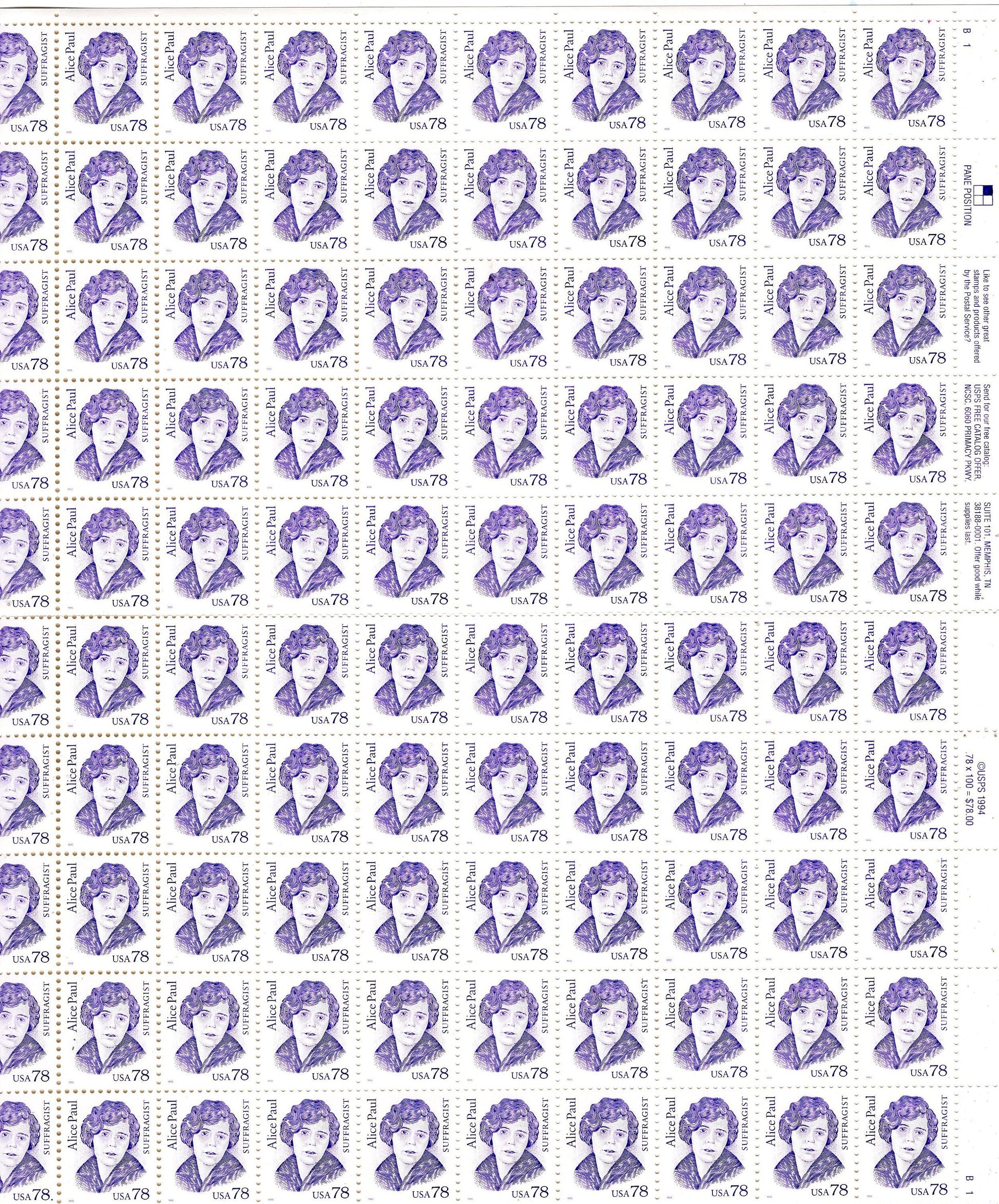 ALICE PAUL Full SHEET of 100 - Suffragist Suffragette 19th Amendment Vote