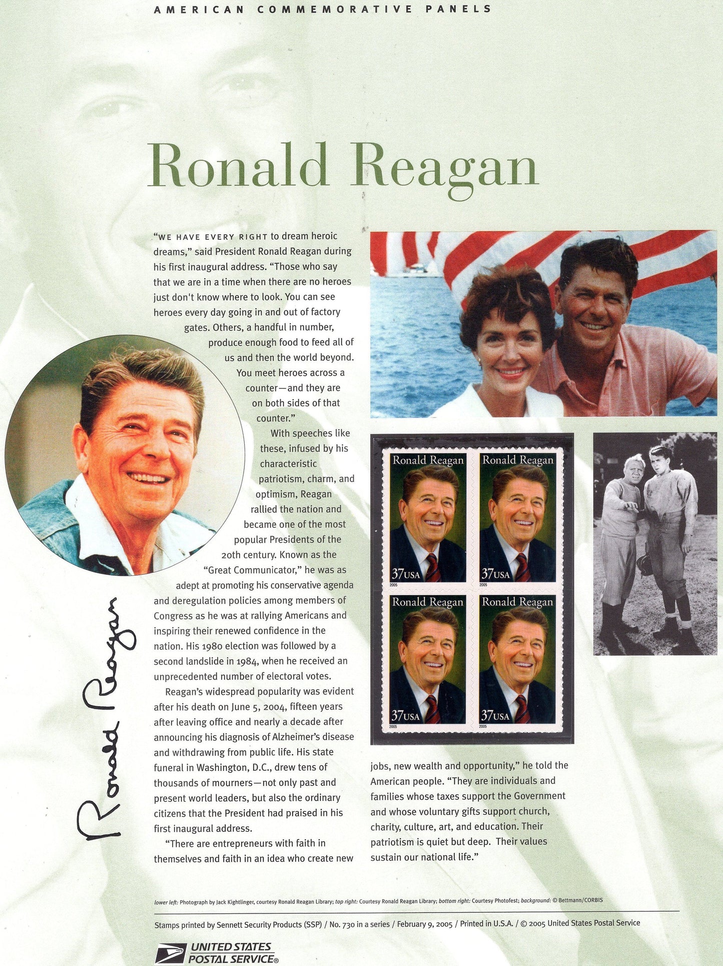 PRESIDENT RONALD REAGAN Actor Governor Commemorative Panel Block of 4