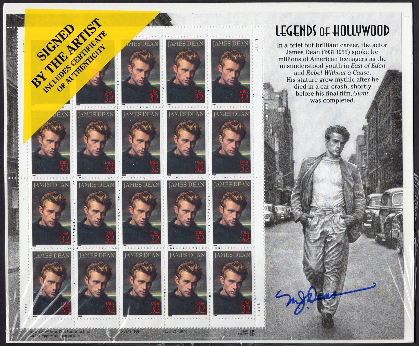 JAMES DEAN Decorative Sheet AUTOGRAPHED by Artist w/Certificate of Authenticity