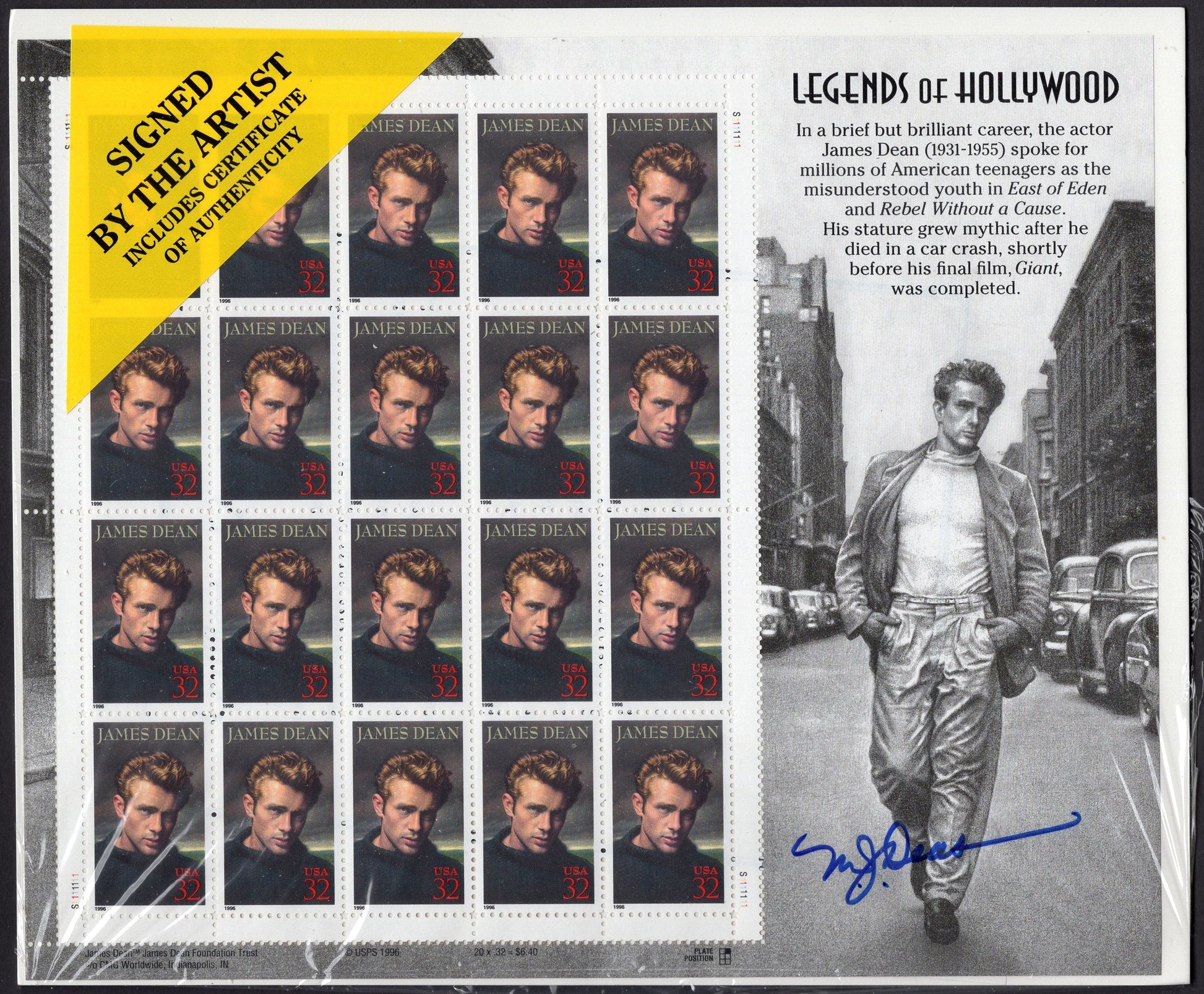 JAMES DEAN Decorative Sheet AUTOGRAPHED by Artist w/Certificate of Authenticity