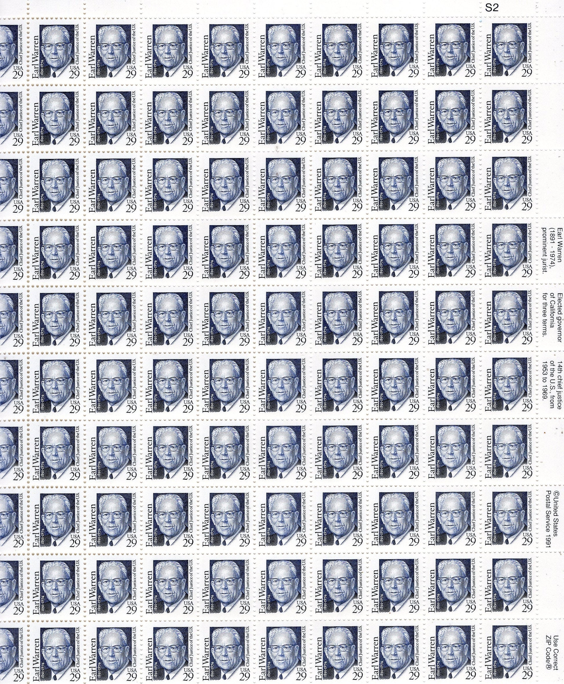 EARL WARREN JURIST Chief Justice Supreme Court California Governor Complete Sheet of 100