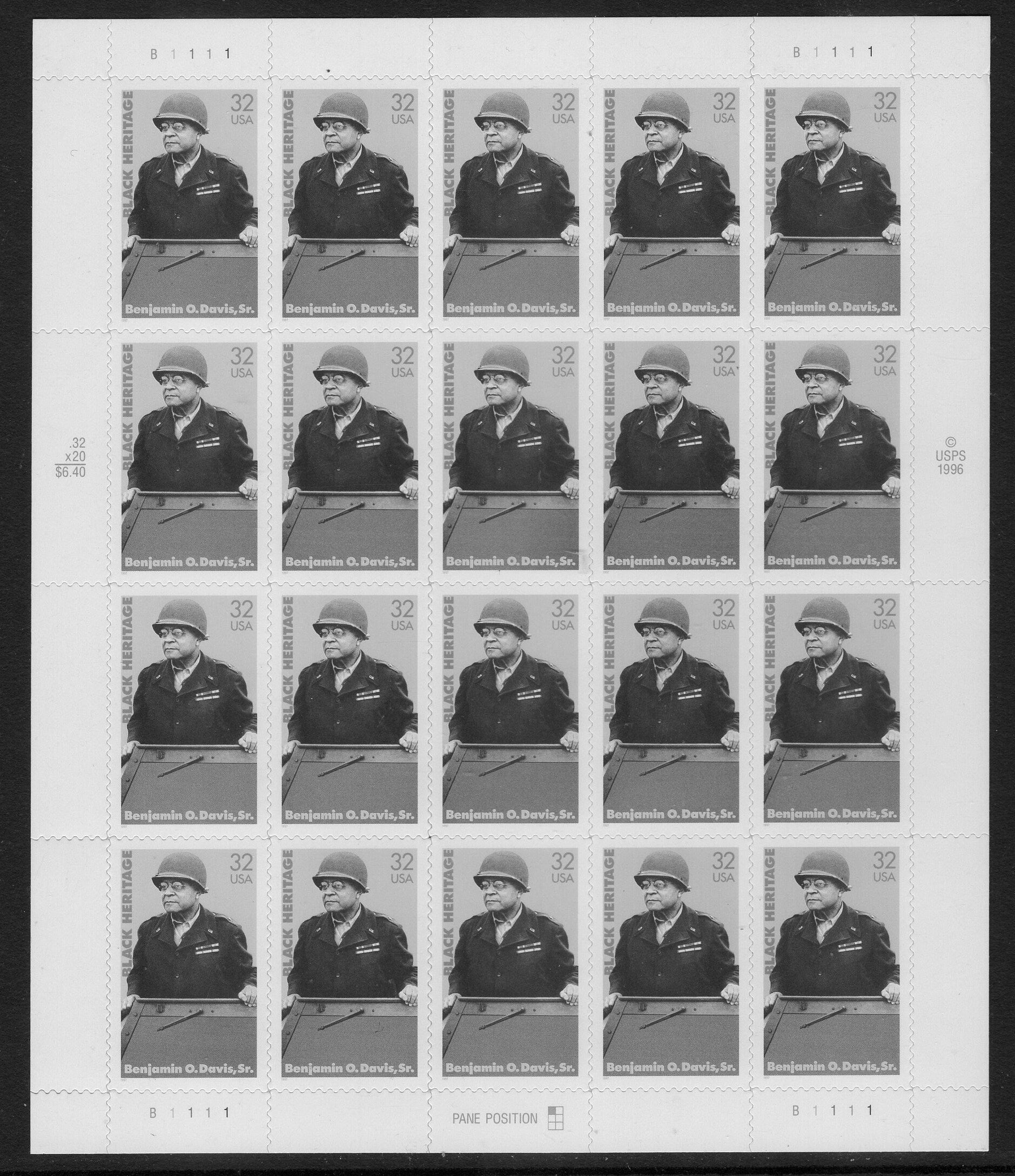 First Air Force Brigadier GENERAL Benjamin O Davis BLACK HERTAGE Sheet of 20