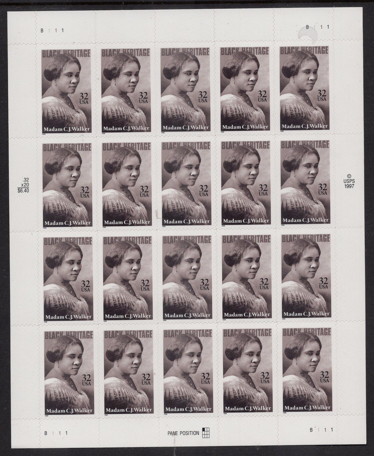 MADAM CJ WALKER First Black Millionaire Hair Care Social Activist Sheet of 20