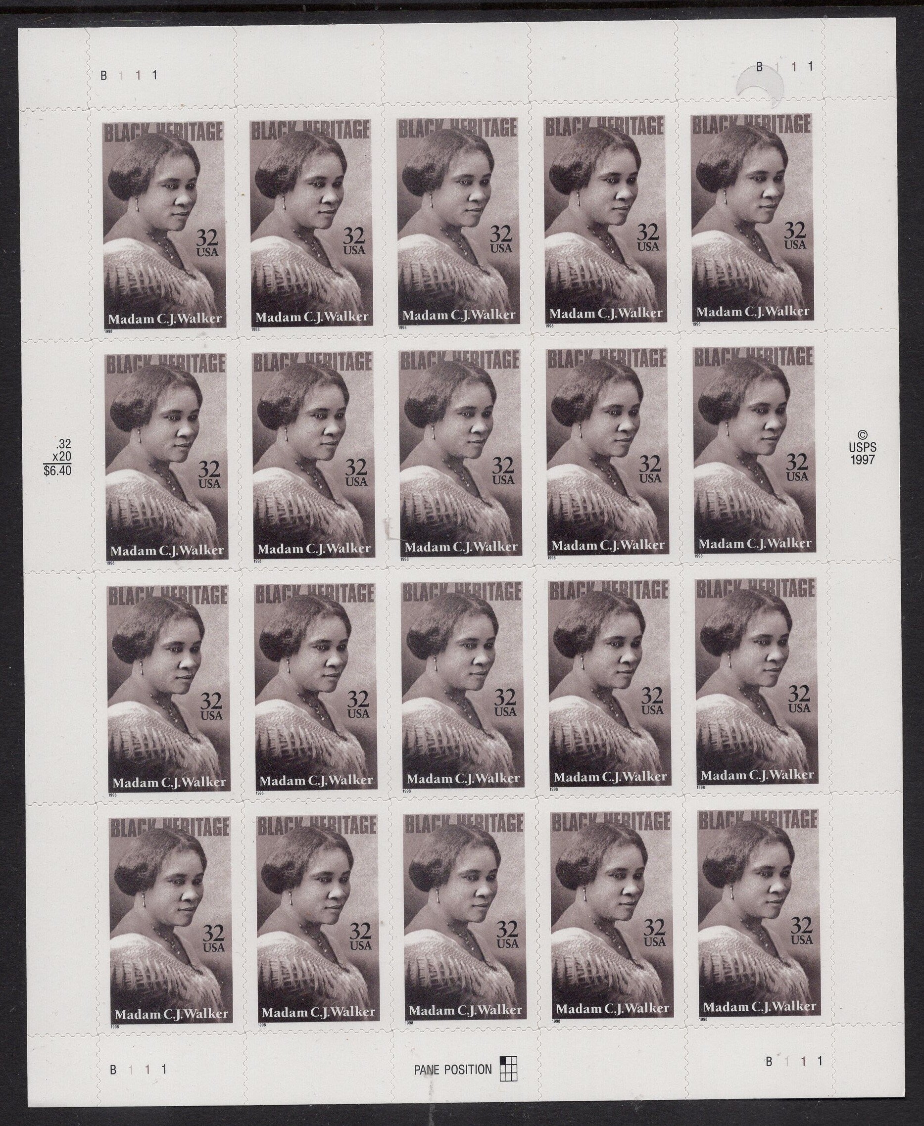MADAM CJ WALKER First Black Millionaire Hair Care Social Activist Sheet of 20