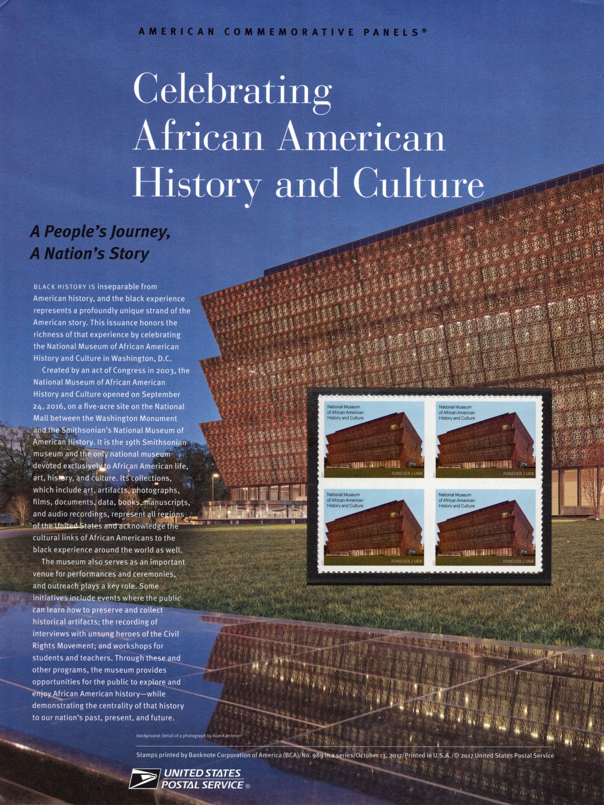 AFRICAN AMERICAN HISTORY Culture Museum Commemorative Panel w/ Block of 4