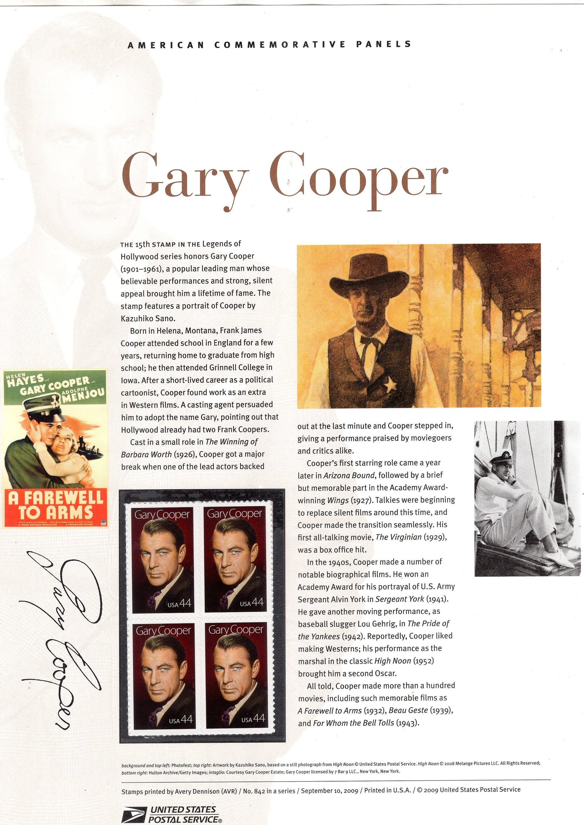 GARY COOPER ACTOR Academy Award York Gehrig Commemorative Panel with Block 4