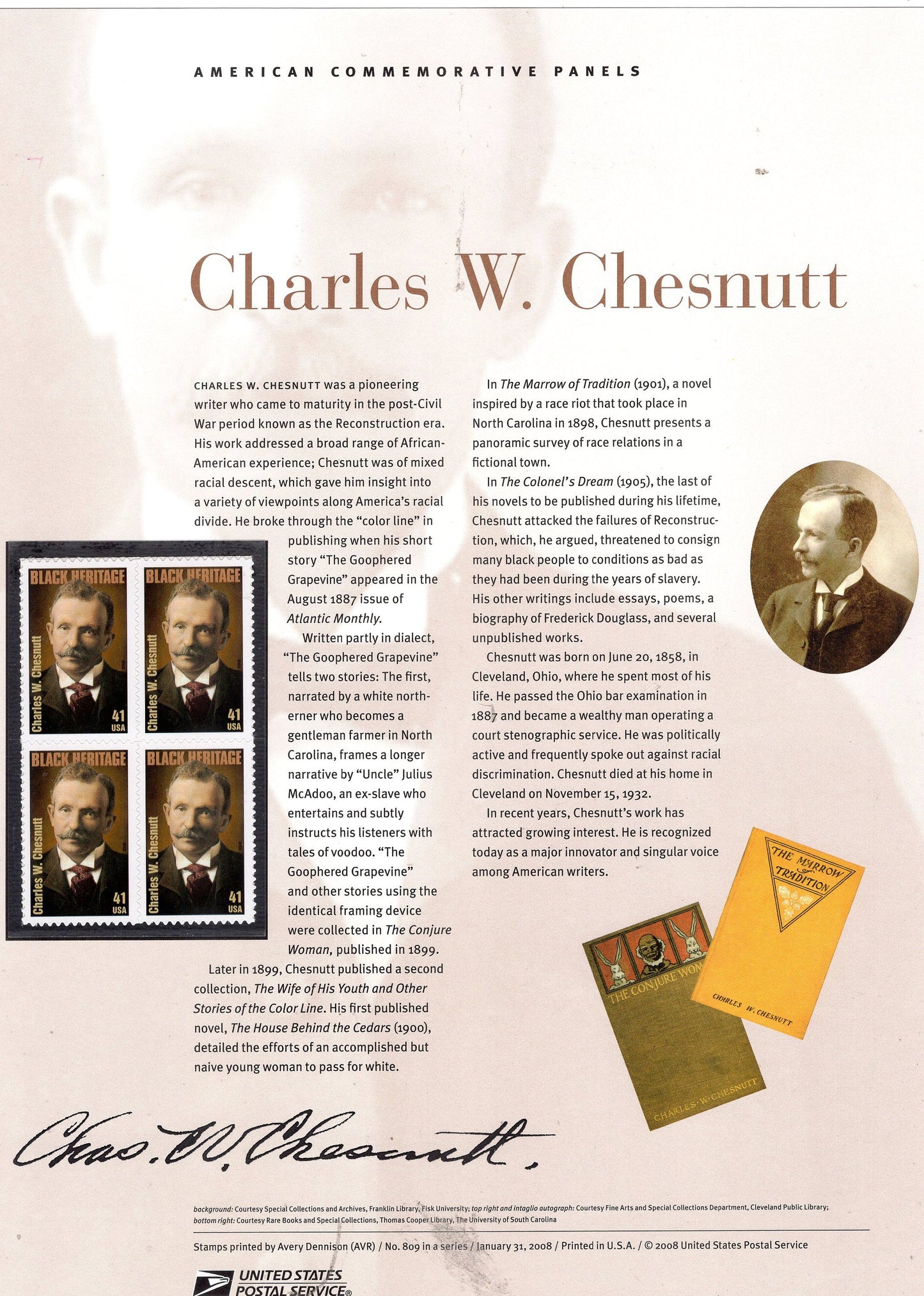 CHARLES CHESNUTT BLACK Heritage Author Commemorative Panel w/Block of 4 - Year #408