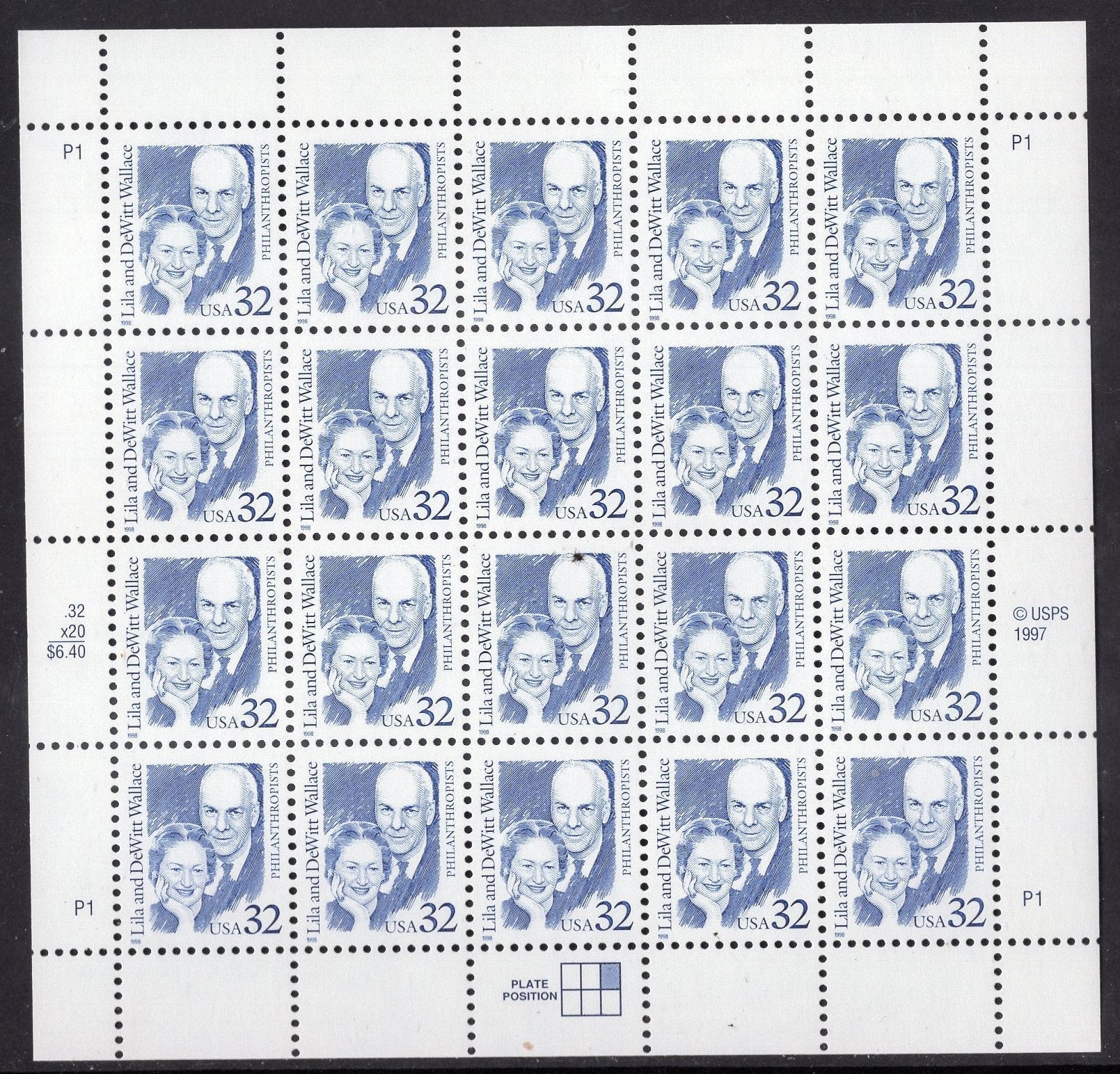 READER'S DIGEST Founders Lila and DeWitt WALLACE Complete Sheet of 20