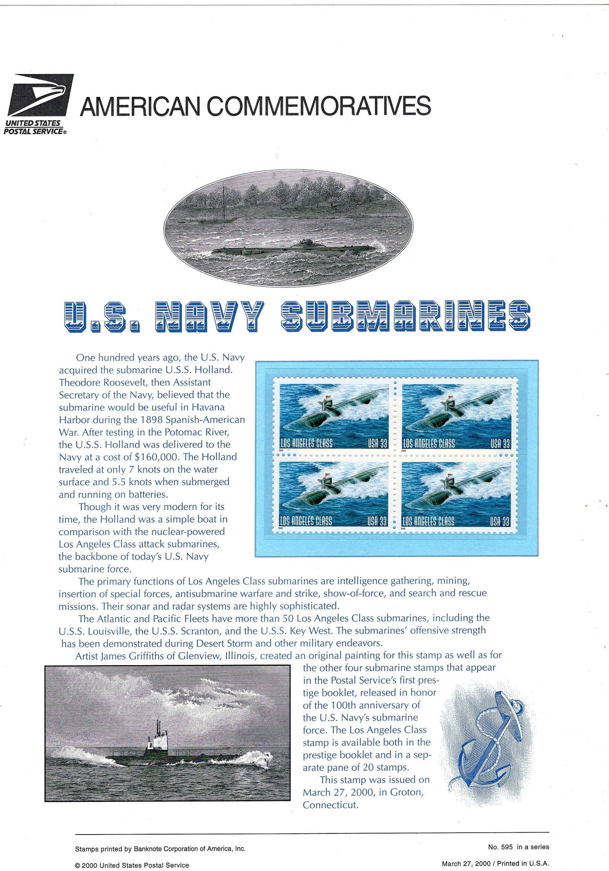 US NAVY SUBMARINES Commemorative Panel with Block of 4