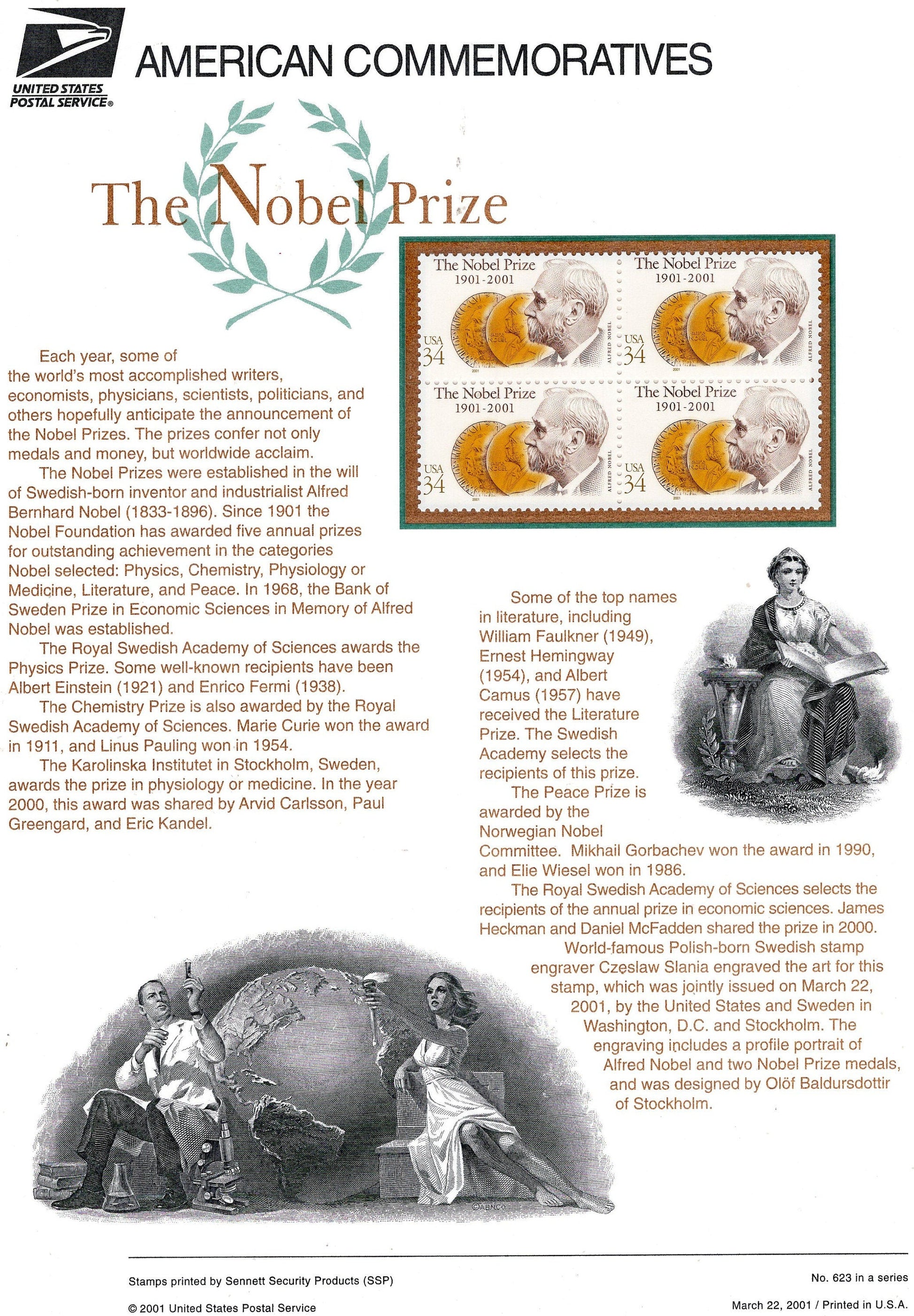 NOBEL PRIZE WINNERS History Story Commemorative Panel w/Block of 4