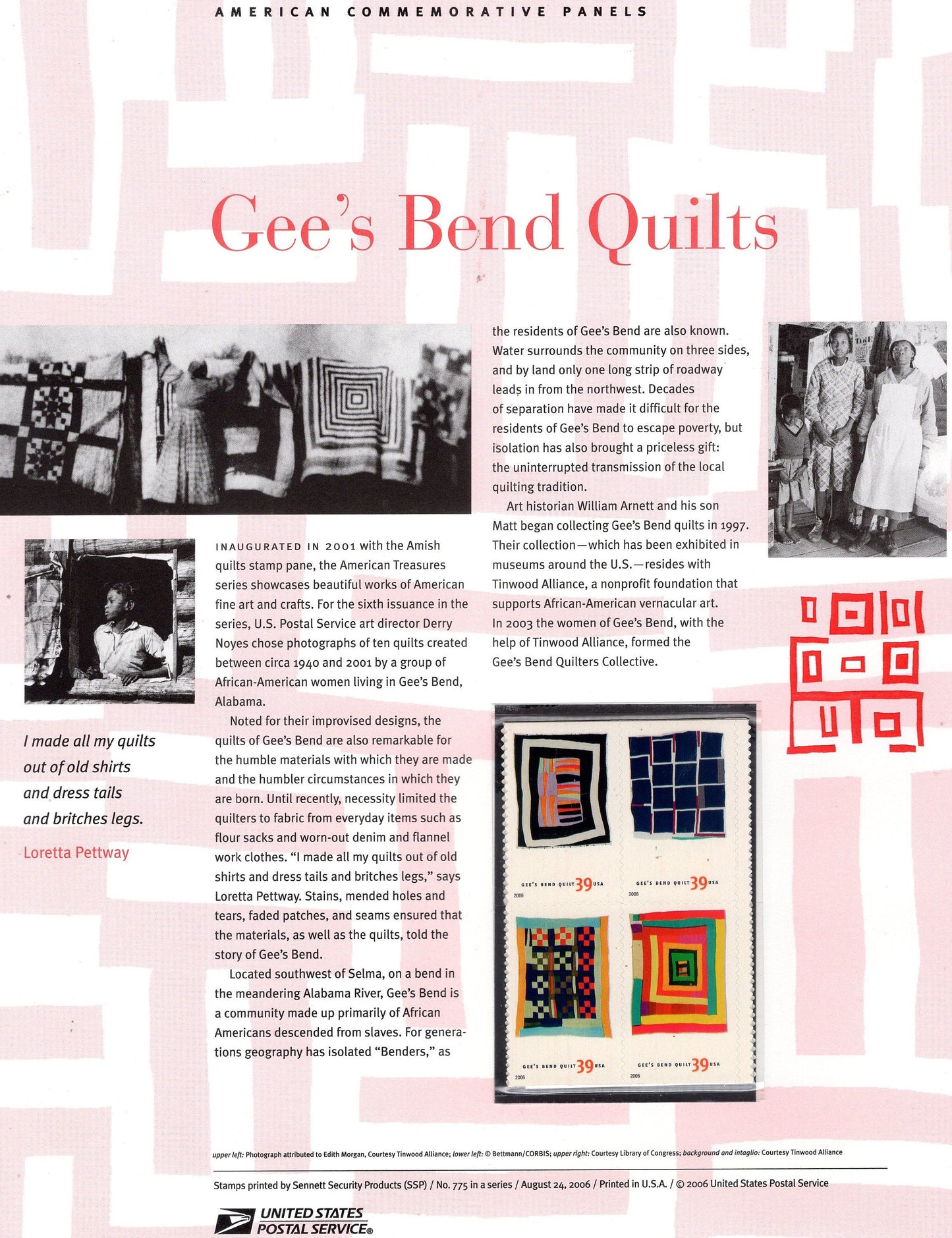GEE'S BEND QUILTS Black Heritage Commemorative Panel w/ Block of 4