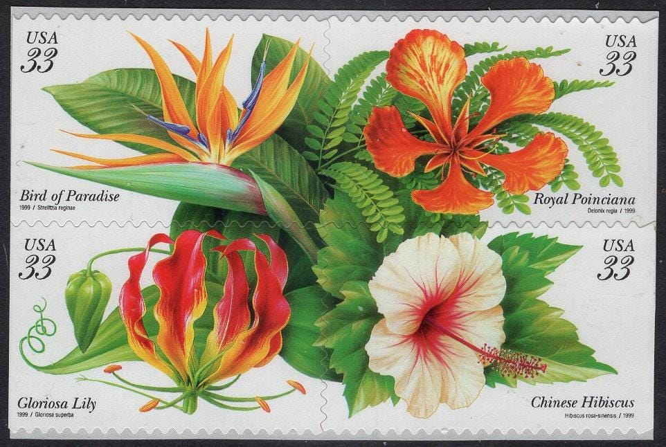 12 TROPICAL FLOWERS (3 blocks of 4) Bird of Paradise Lily Hibiscus Poinciana Self-adhesive 33c