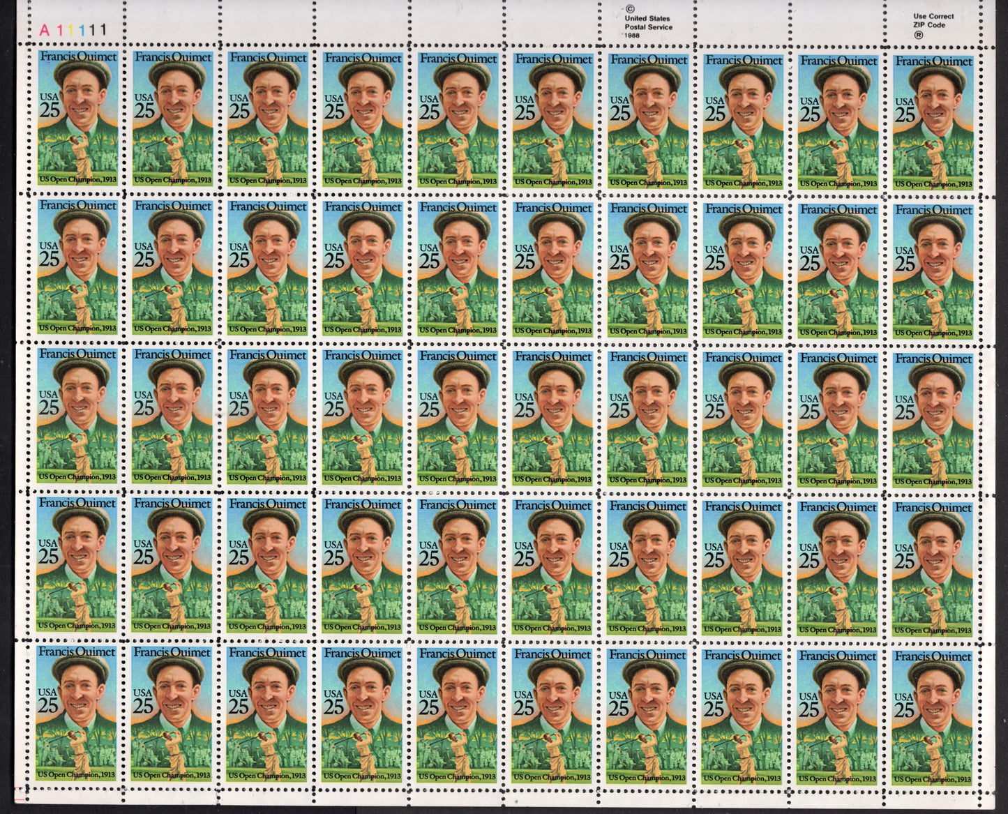 GOLF - FRANCIS OUIMET Sheet of 50 - First American Winner of the Open - Hall of Fame Sheet