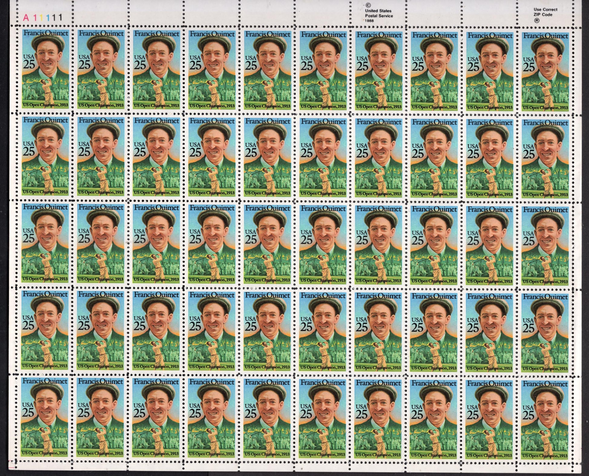 GOLF - FRANCIS OUIMET Sheet of 50 - First American Winner of the Open - Hall of Fame Sheet