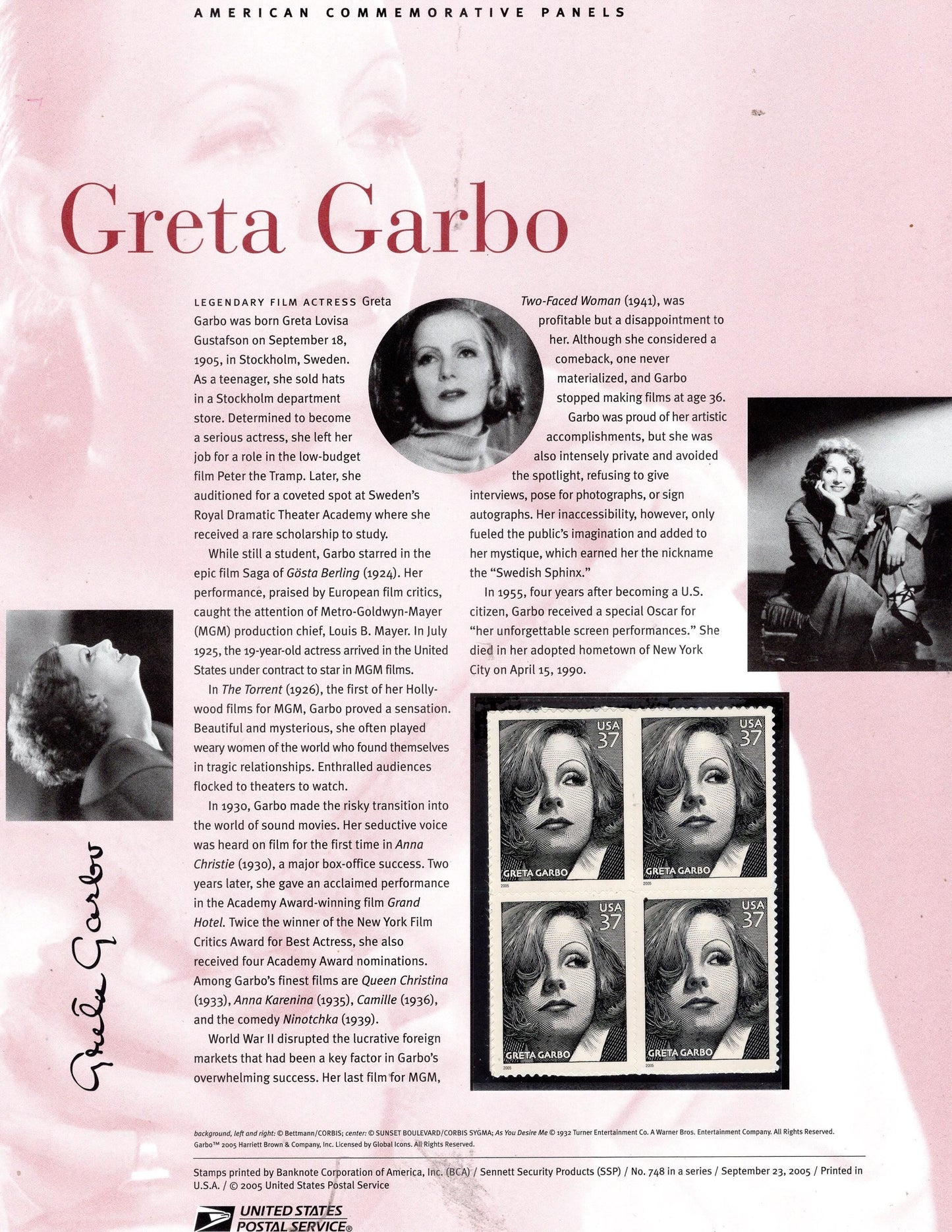 GRETA GARBO ACTRESS Swedish Academy Award Nom. Commemorative Panel Block of 4