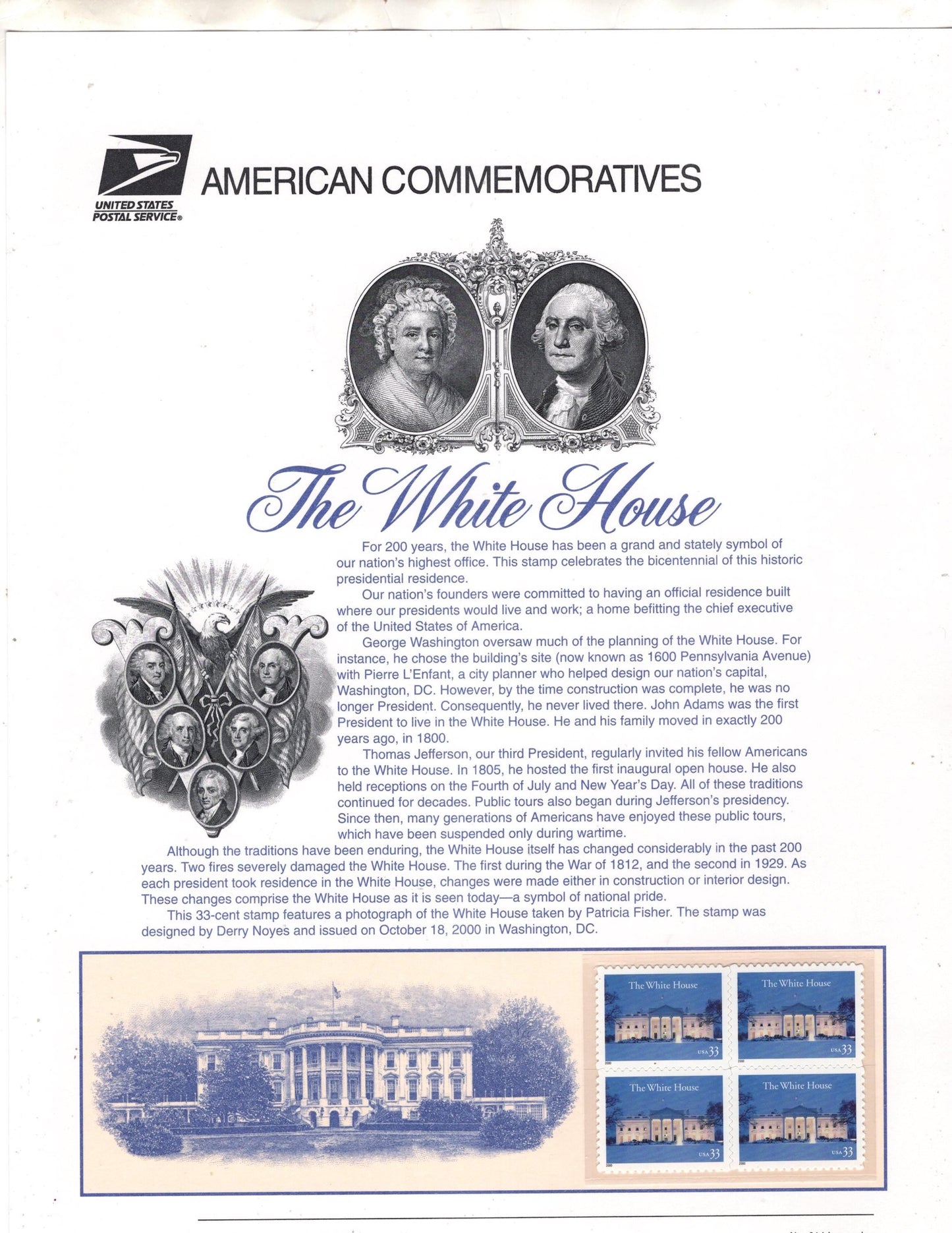 WHITE HOUSE COMPLETE Commemorative Panel w/ Block of 4 - "