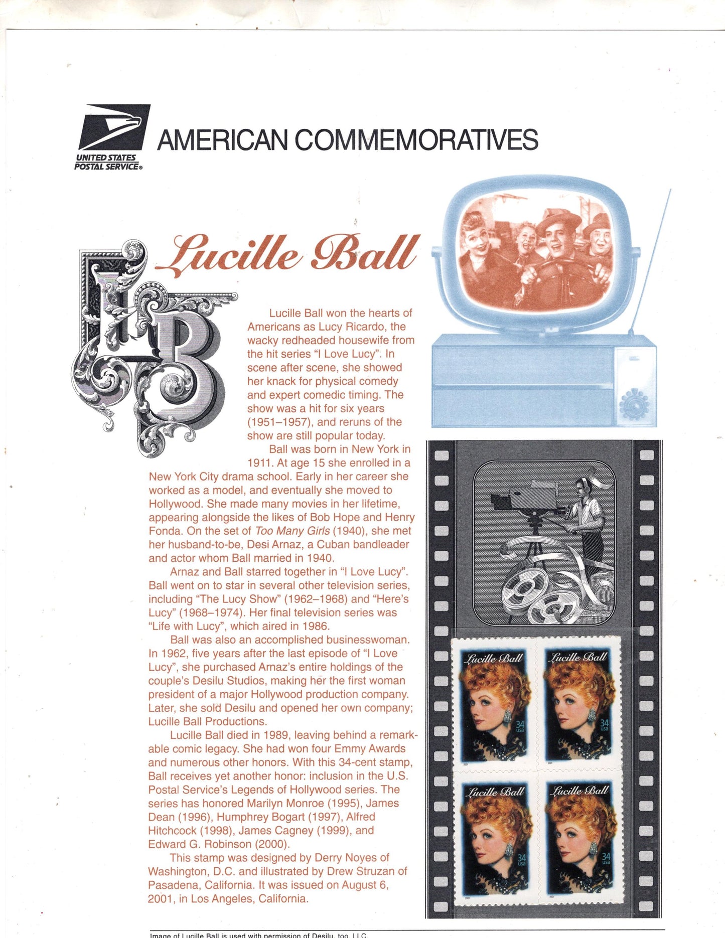 I LOVE LUCY Lucille Ball Commemorative Panel w/ Block of 4 - "