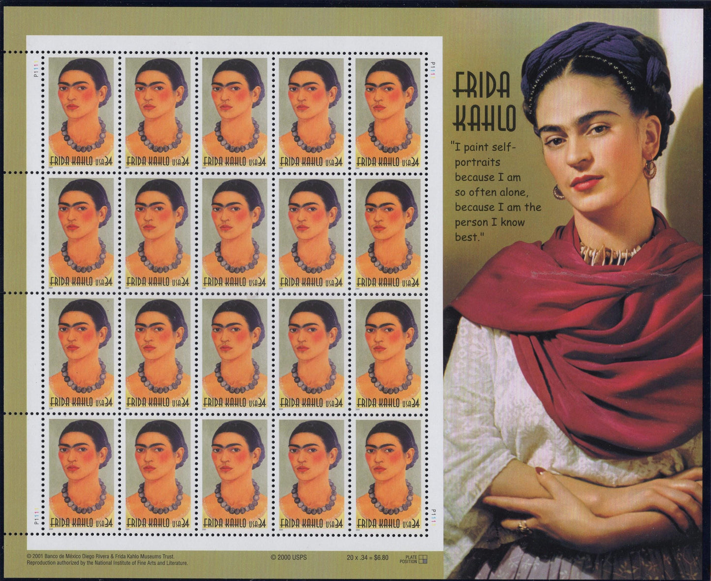 10 FRIDA KAHLO ARTIST Decorative Sheet of 20 - Self-Portraits Nature Mexican Painter