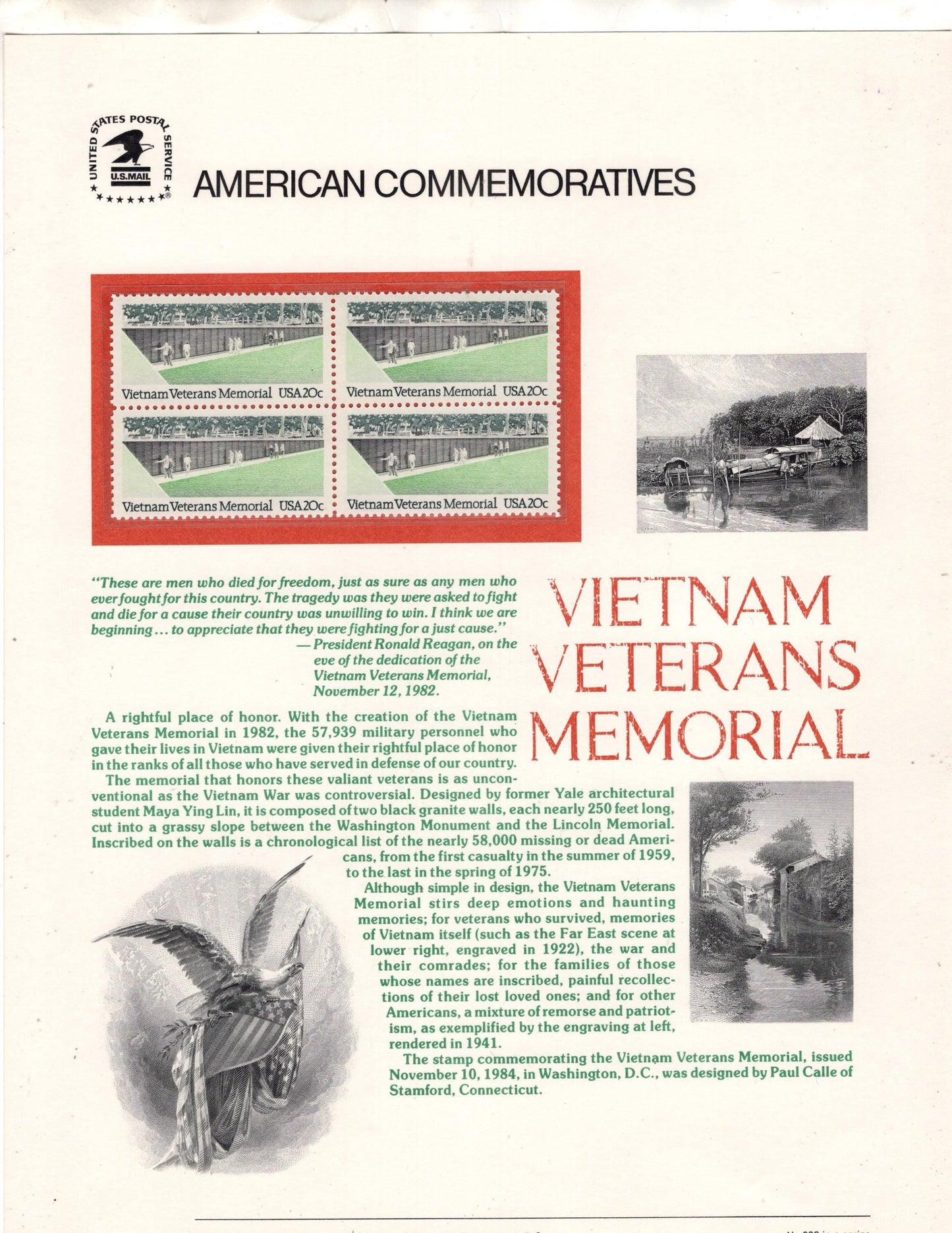 VIET NAM VETERANS War Memorial Commemorative Panel w/Block of 4