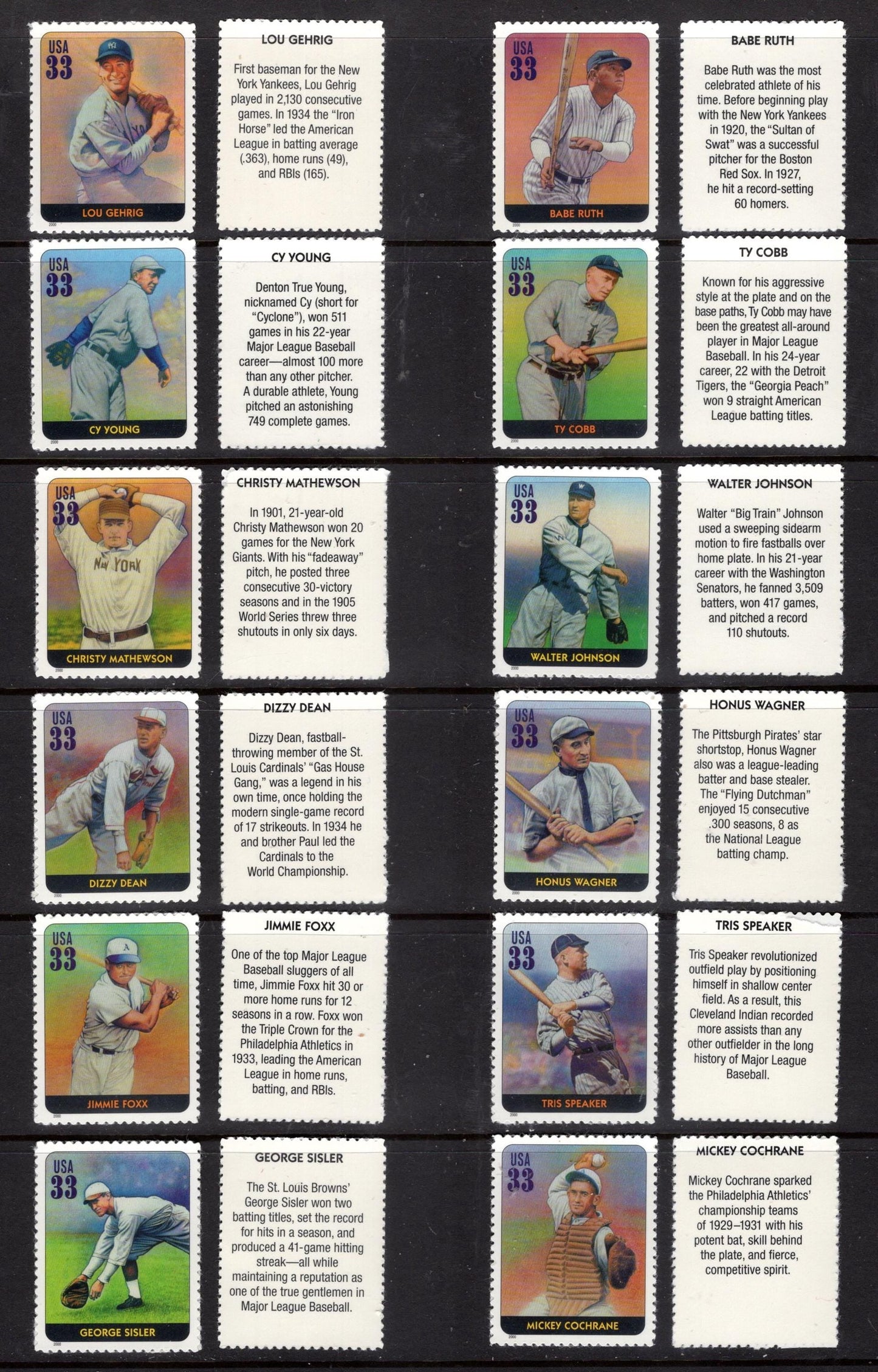 BASEBALL HALL of FAME inc Ruth Gehrig Young Cobb Dean Foxx Wagner Johnson 16 Player Pics + 16 Backs = 32