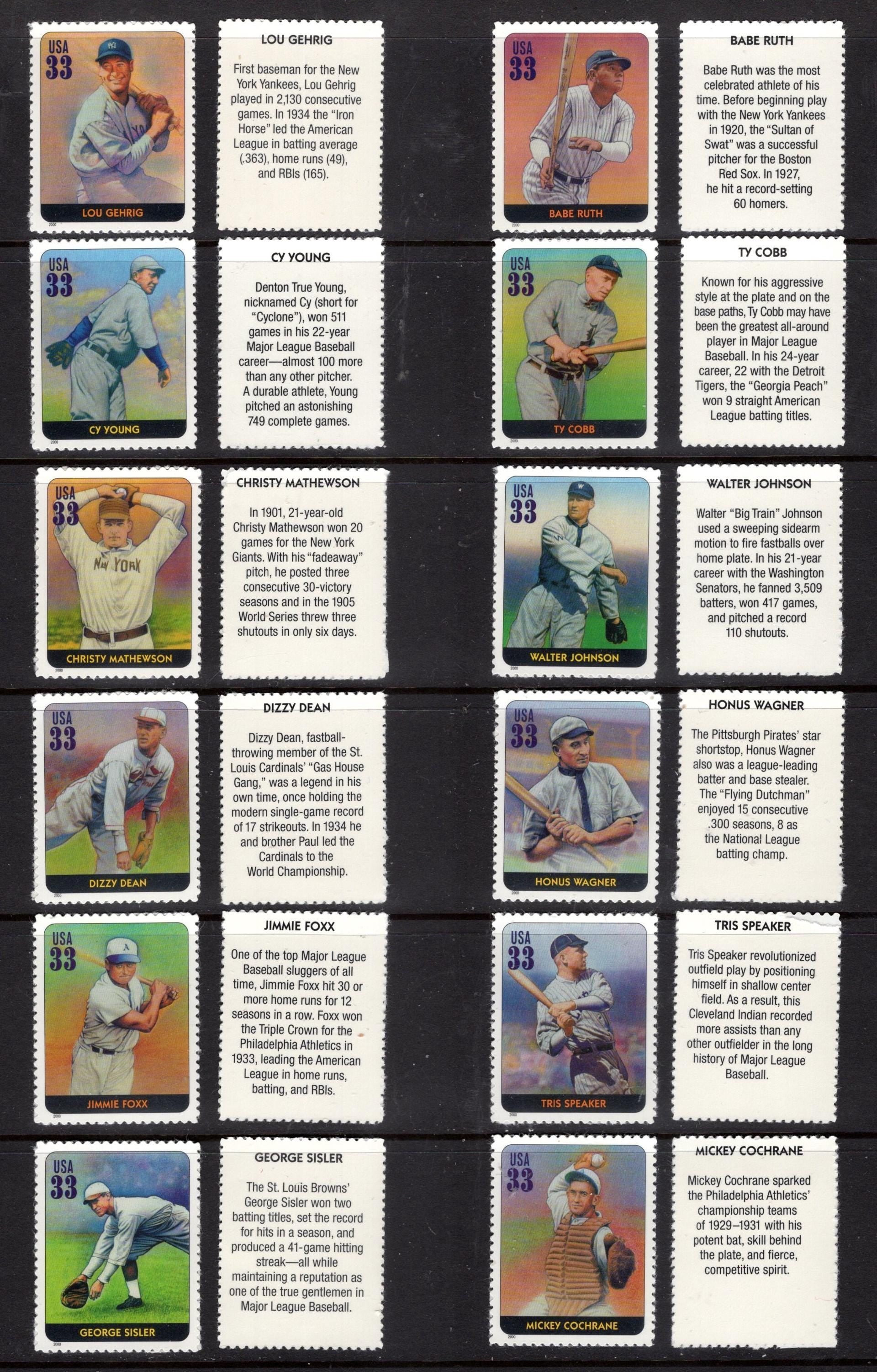BASEBALL HALL of FAME inc Ruth Gehrig Young Cobb Dean Foxx Wagner Johnson 16 Player Pics + 16 Backs = 32