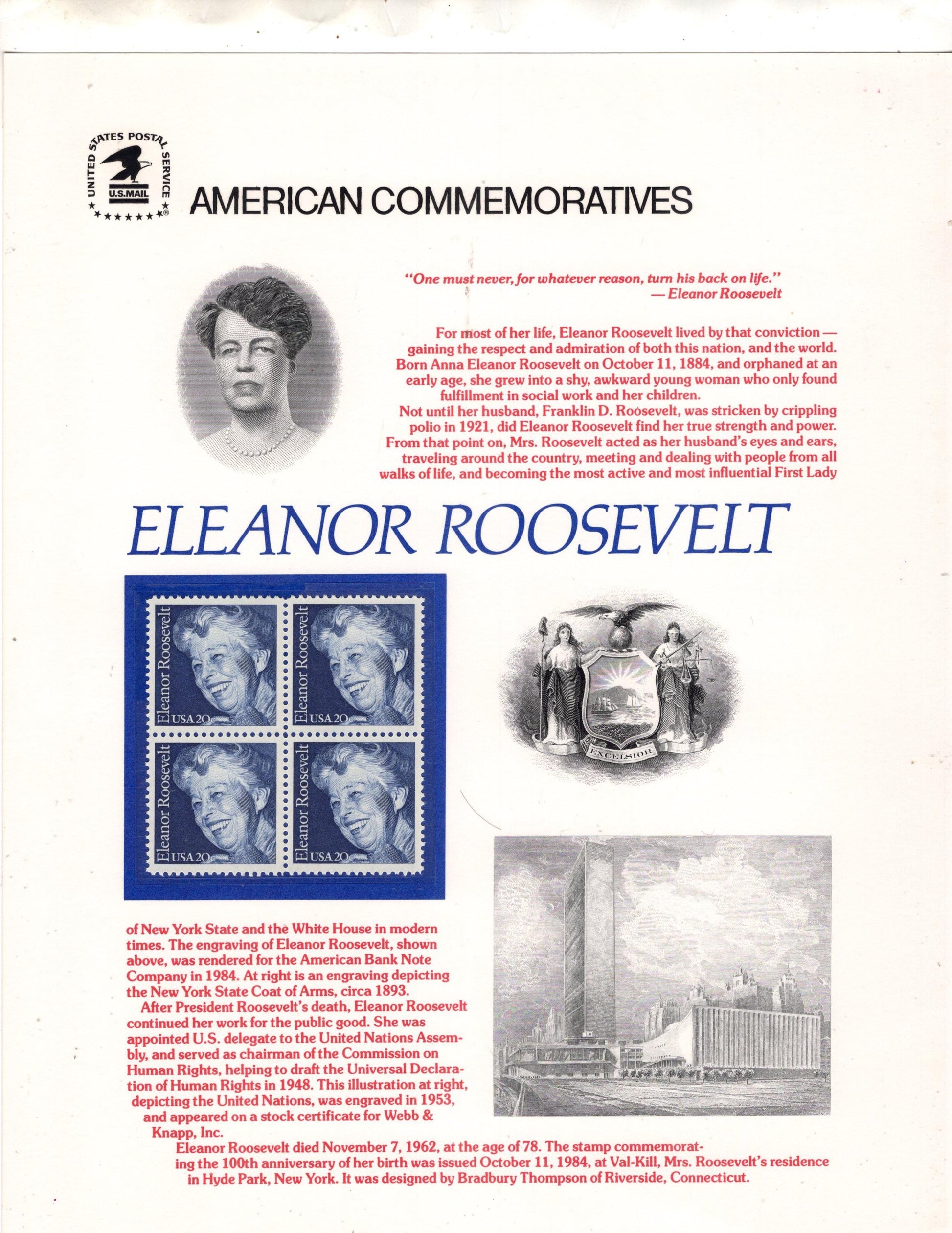First Lady ELEANOR ROOSEVELT COMMEMORATIVE Panel w/Block of 4 - Human Rights - Activist