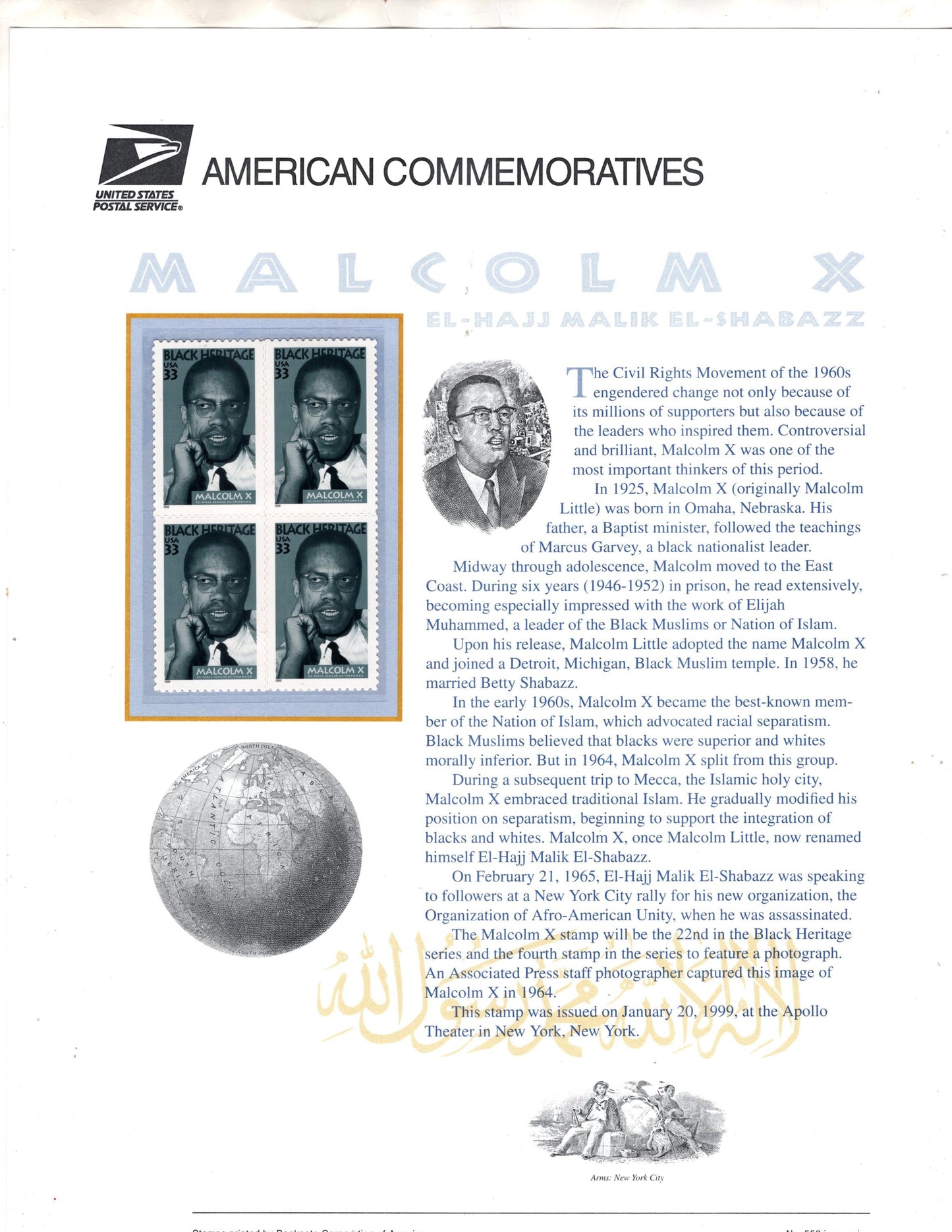 MALCOLM X CIVIL Commemorative Panel w/4 - Rights Activist Black Heritage Muslim Minister