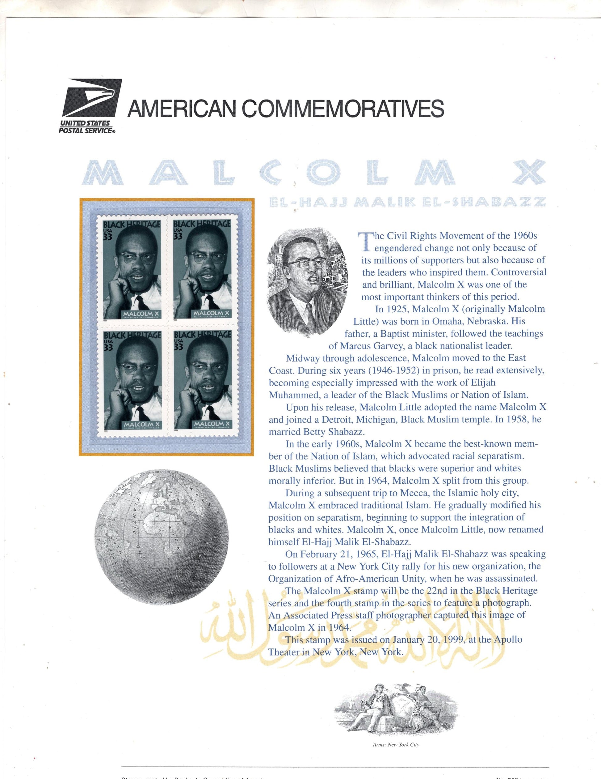 MALCOLM X CIVIL Commemorative Panel w/4 - Rights Activist Black Heritage Muslim Minister