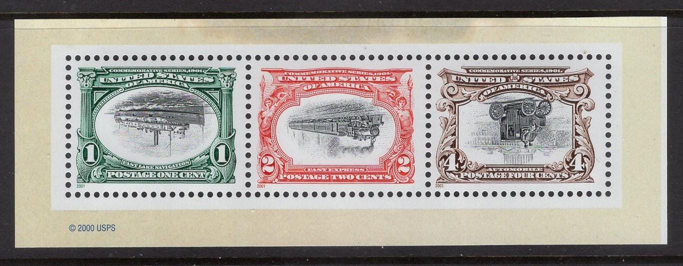 Six (2 strips of 3) Ship, Train, Auto INVERTED CENTERS 1c, 2c, 4c - Pan-Am Exhibit, Real USPs