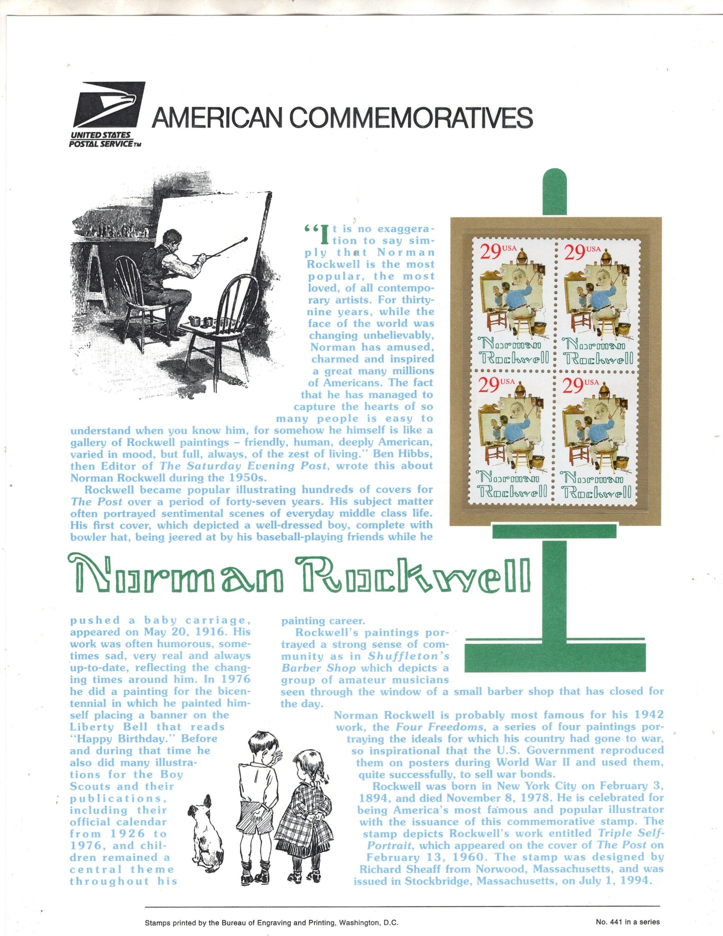PAINTER NORMAN ROCKWELL - Self-Portrait Artist Commemorative Panel w/ Block of 4