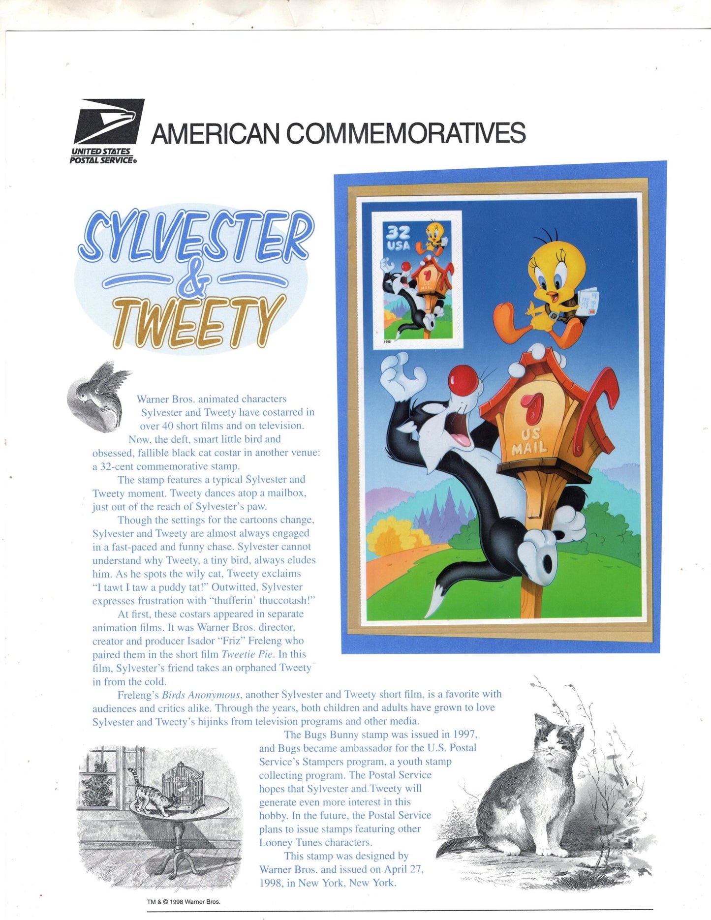 SYLVESTER and TWEETY Commemorative Panel w/ Sheet of 1 plus Cat Bird