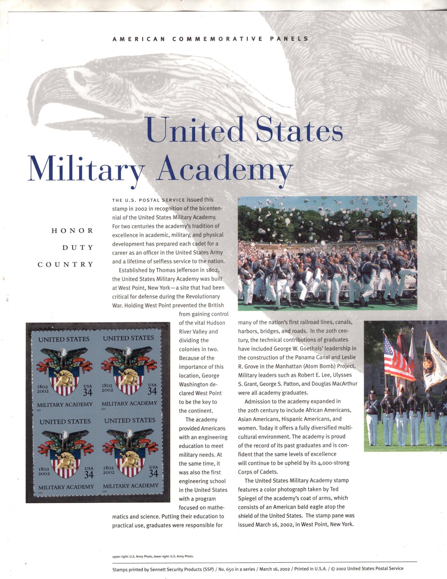 WEST POINT MILITARY Academy Honor Duty Commemorative Panel with Block of 4