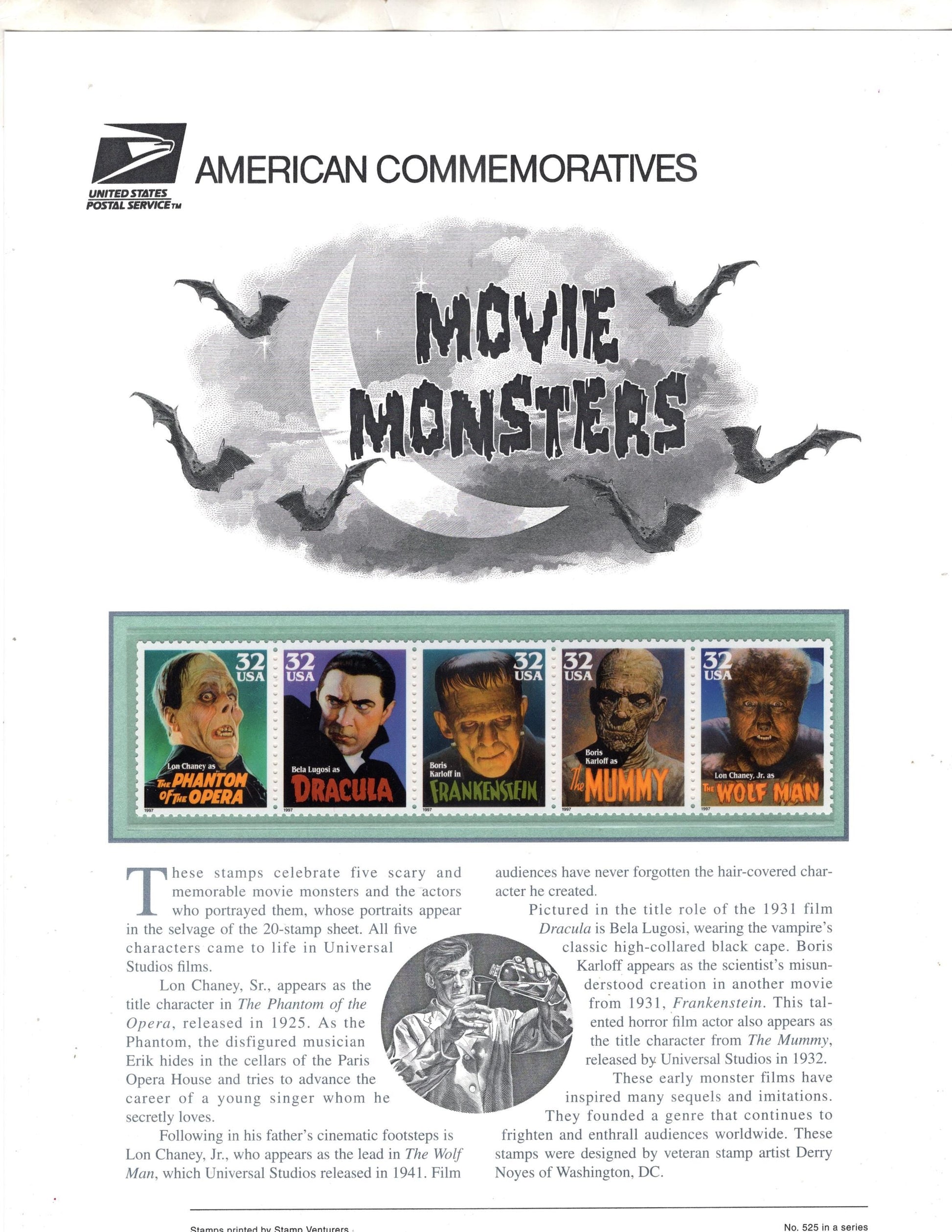 MOVIE MONSTERS inc DRACULA Frankenstein Phantom Chaney Karloff Lugosi Strip of 5