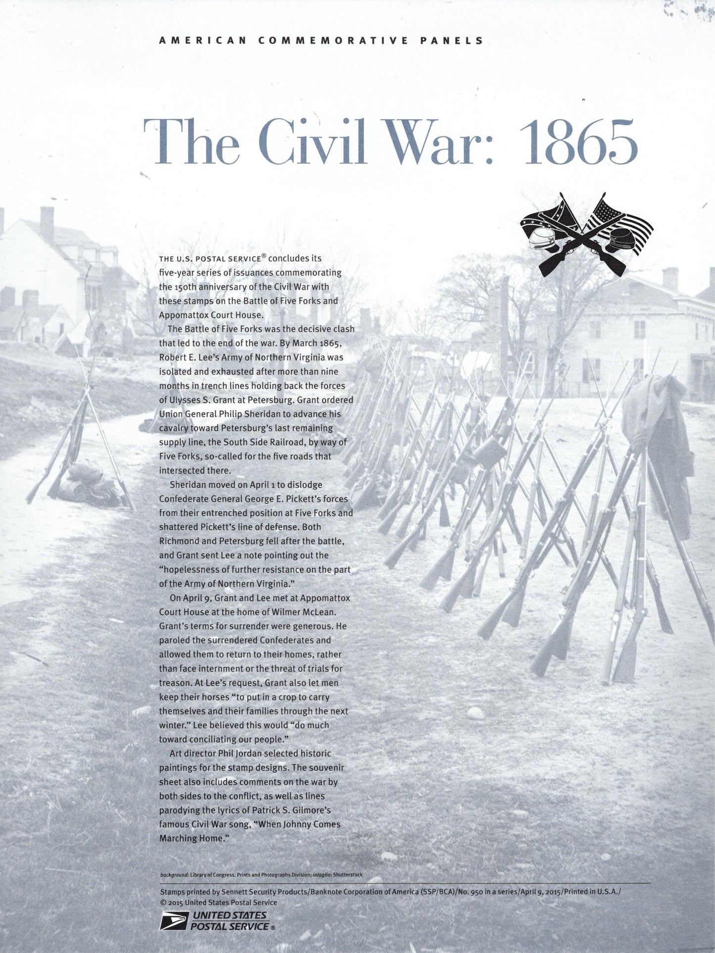 CIVIL WAR 1865 Five Forks - SURRENDER Appomattox Commemorative Panel w/Sheet of 12