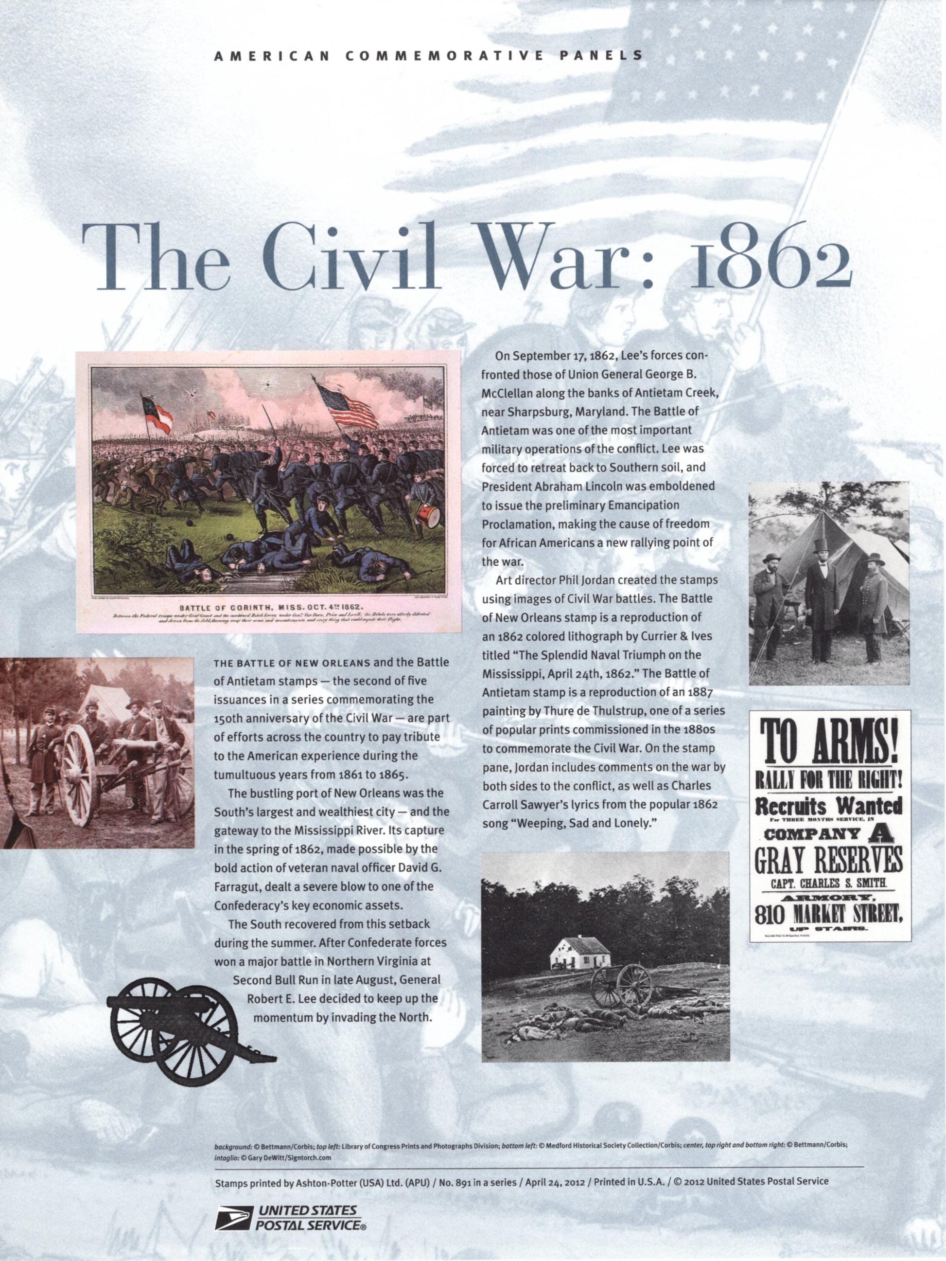 CIVIL WAR 1862 BATTLES Antietam - New Orleans - Commemorative Panel w/Sheet of 12