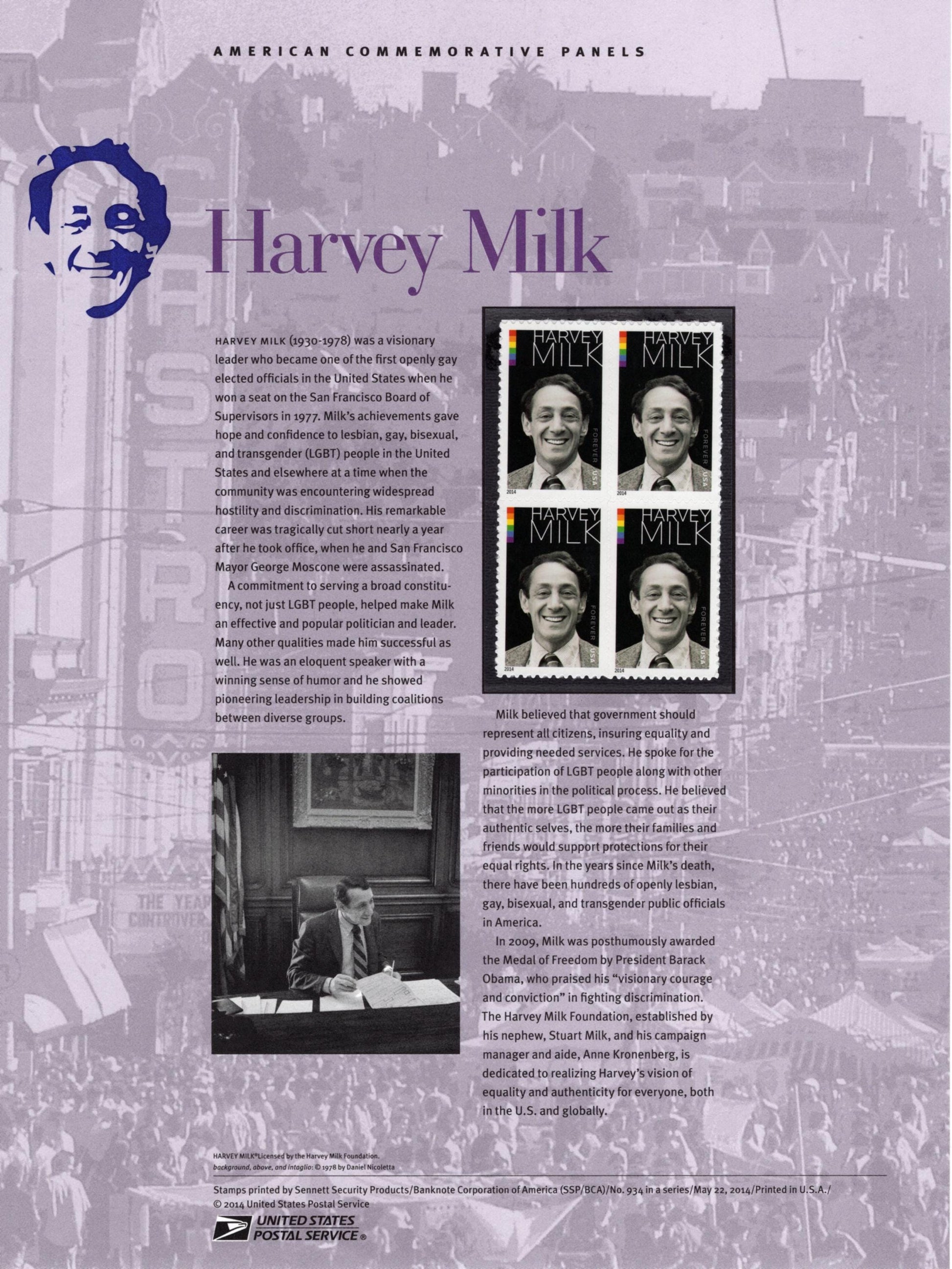 HARVEY MILK Homosexual Rights Advocate Politician Commemorative Panel w/Block of 4