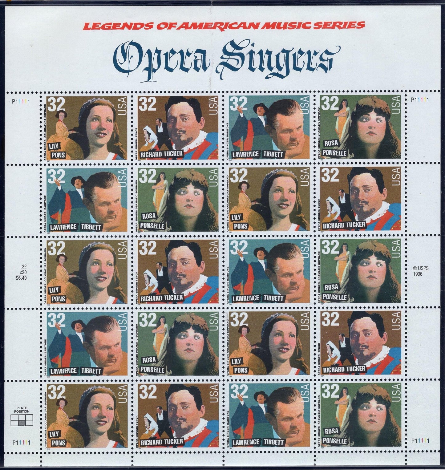 OPERA SINGERS inc Lily PONS Sheet of 20 32c - Richard Tucker - Lawrence Tibbett - Rita Ponselle