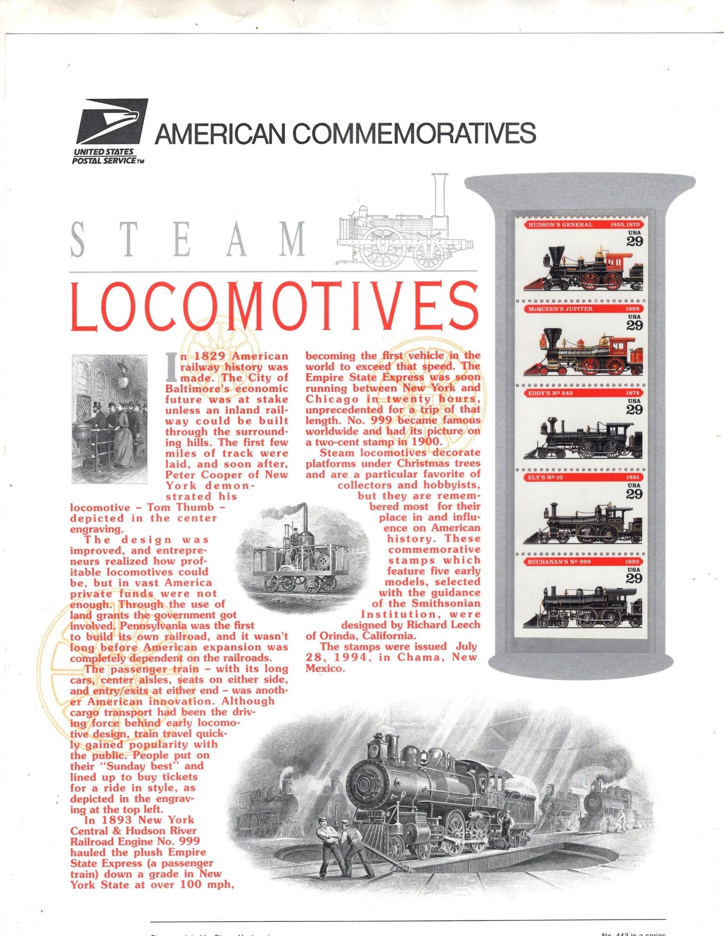 STEAM LOCOMOTIVES TRAINS - Railroad Engines Commemorative Panel w/ Block of 4