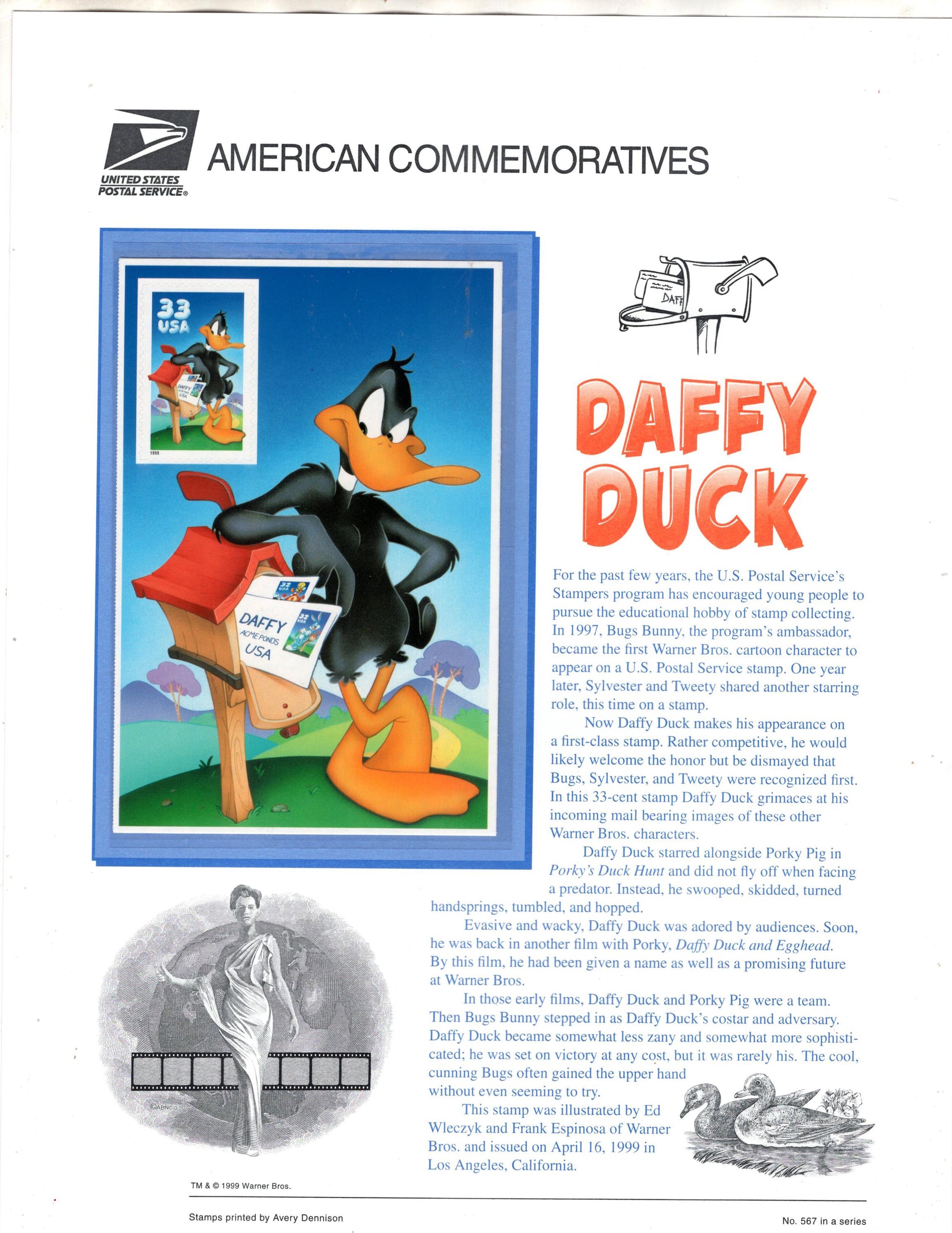 DAFFY DUCK MAIL Box Commemorative Panel w/ Sheet of 1 plus Cat Bird